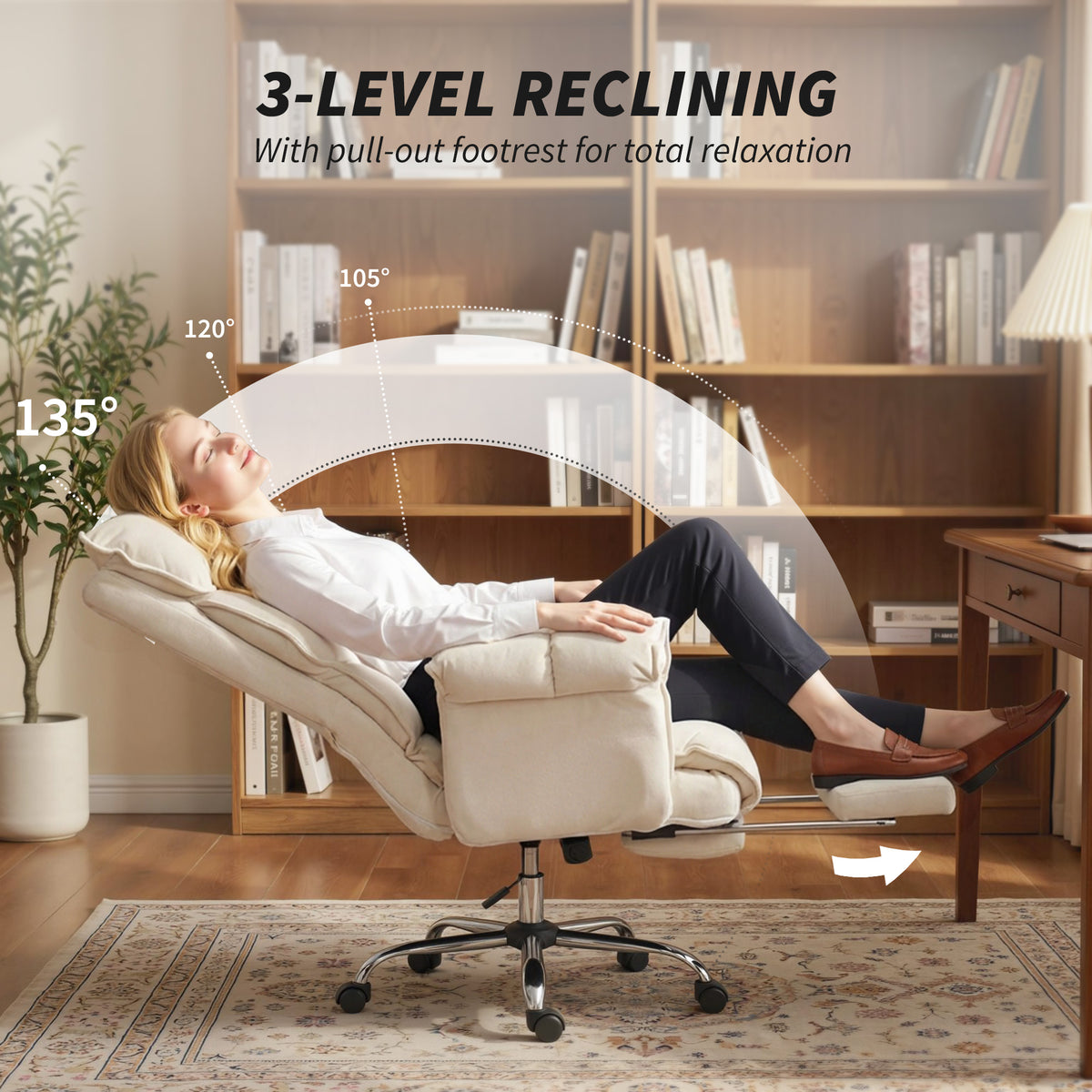 Executive Office Chair, Reclining Computer Chair with Footrest, High Back, Headrest, Adjustable Height, Cream White