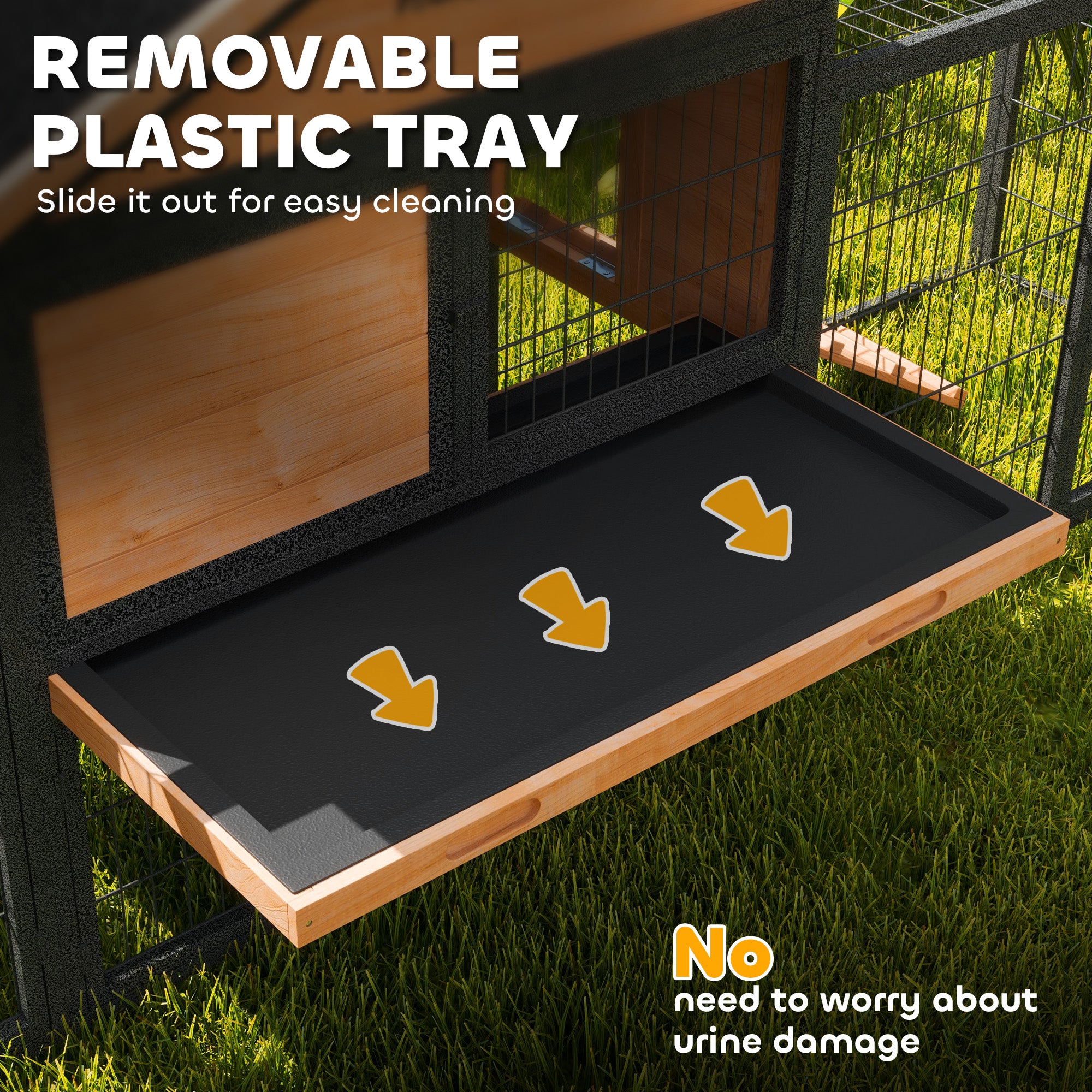 Wooden Rabbit Hutch Outdoor, 85" Large Bunny Cage with Steel Run, Removable Plastic Tray, Asphalt Roof, Ramp - Natural Wood - Image 7