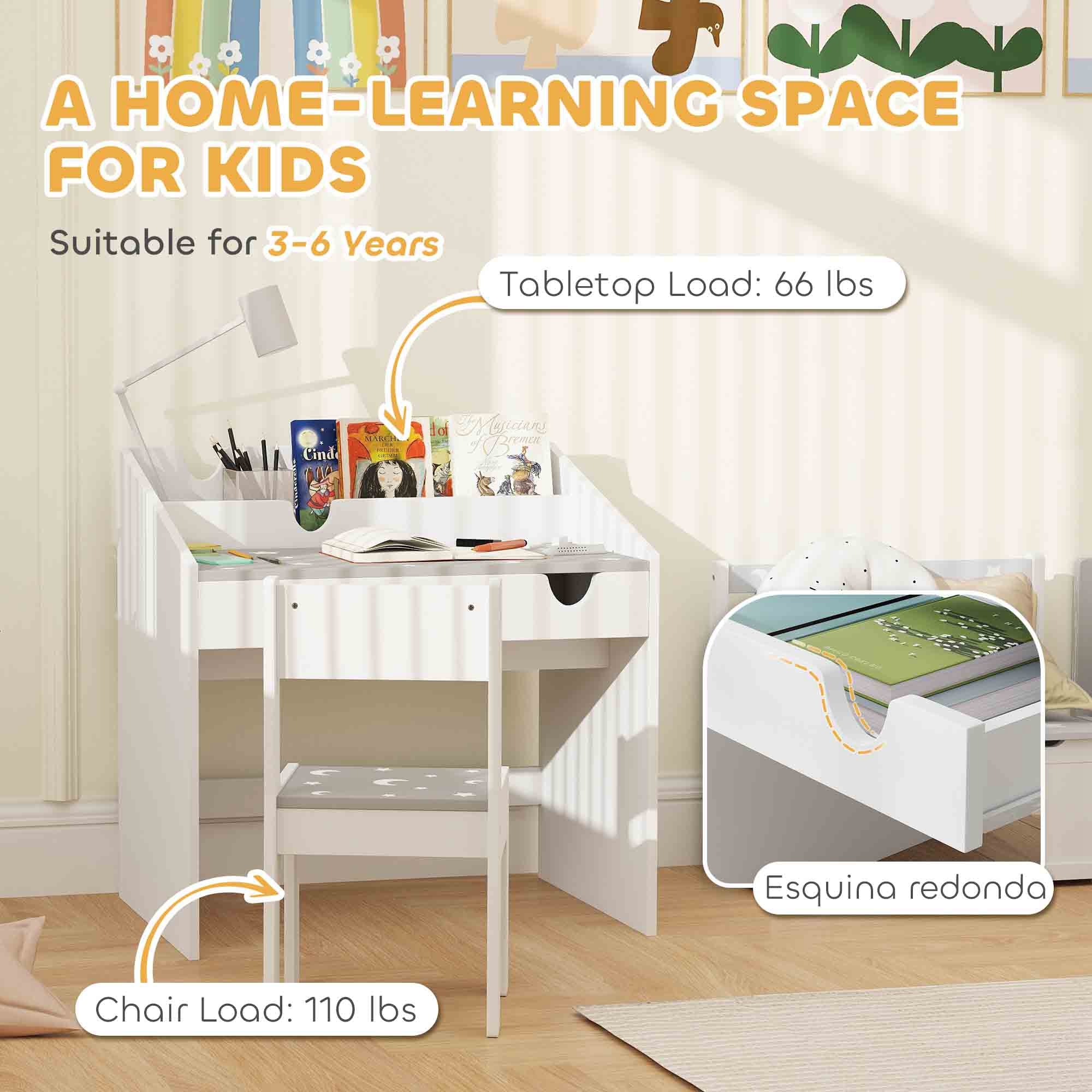 Kids Study Desk with Storage, Kids Desk and Chair Set for Bedroom & Study Room, Aged 3-6 Years, Gray