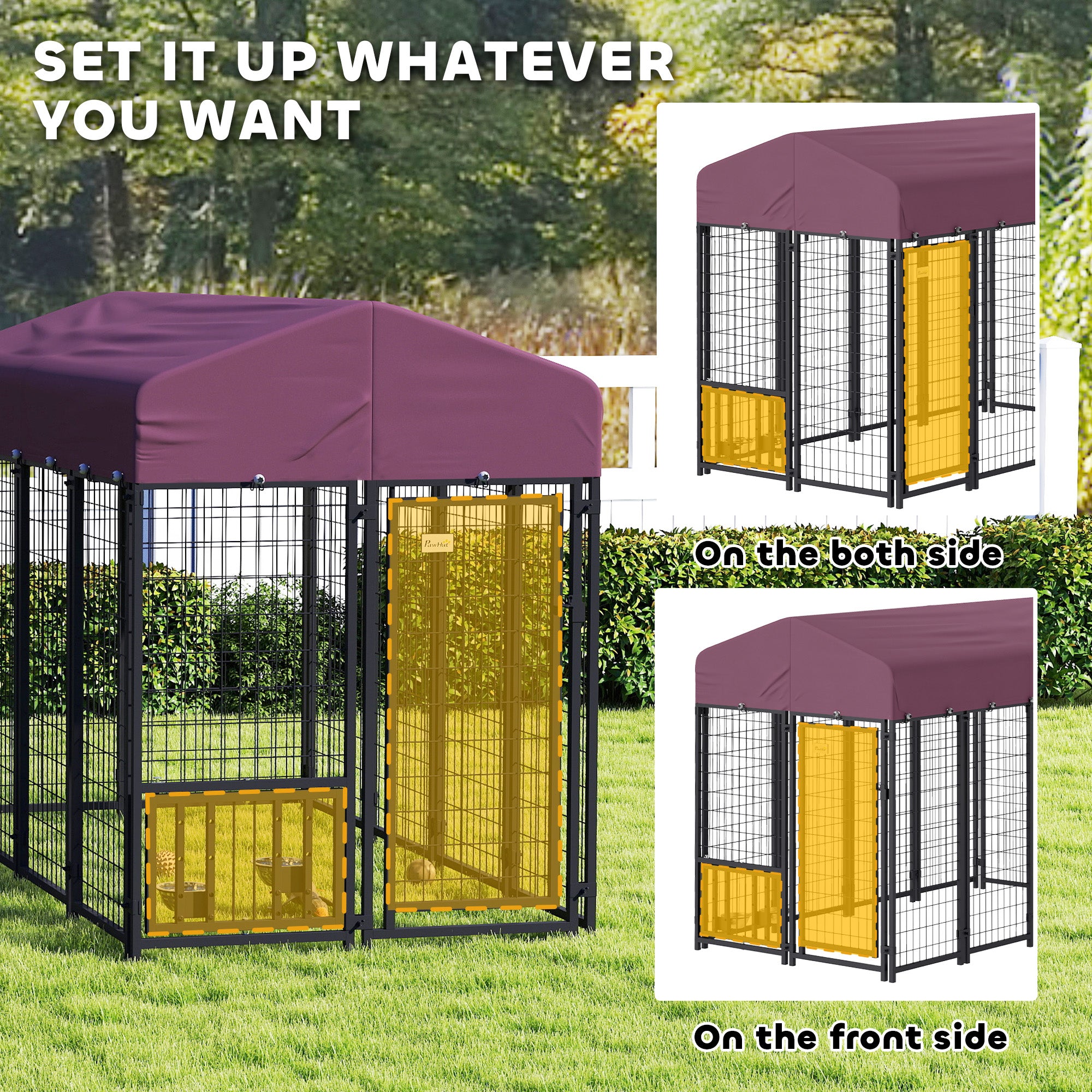 Welded Wire Outdoor Dog Kennel with 360° Rotating & 4 Levels Adjustable Bowls, Waterproof Cover, 7.9' x 4' x 6' - Red - Image 7