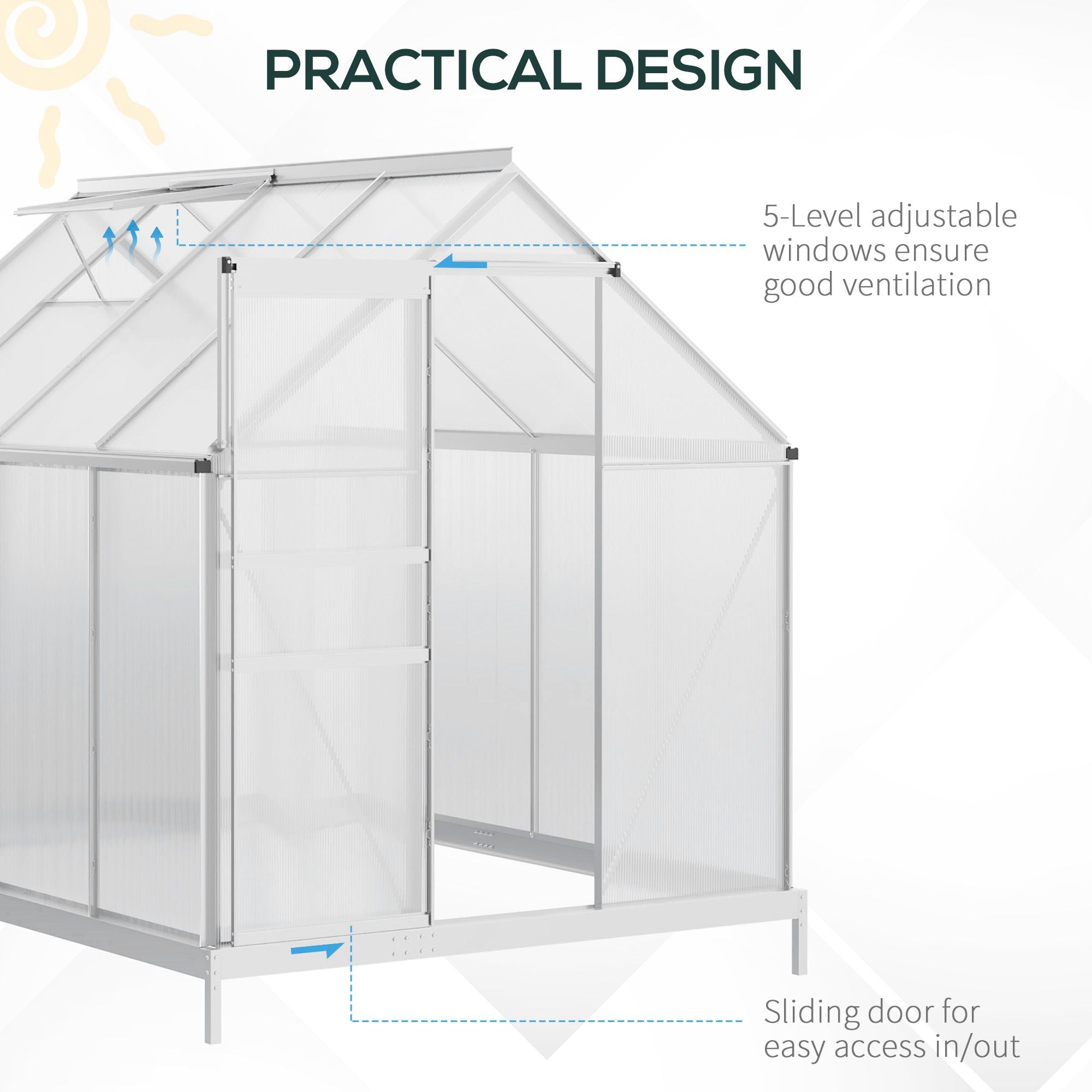 8' x 6' Aluminum Outdoor Greenhouse, Polycarbonate Walk-in Garden Greenhouse Kit with Adjustable Roof Vent, Rain Gutter and Sliding Door for Winter, Silver - Silver - Image 5