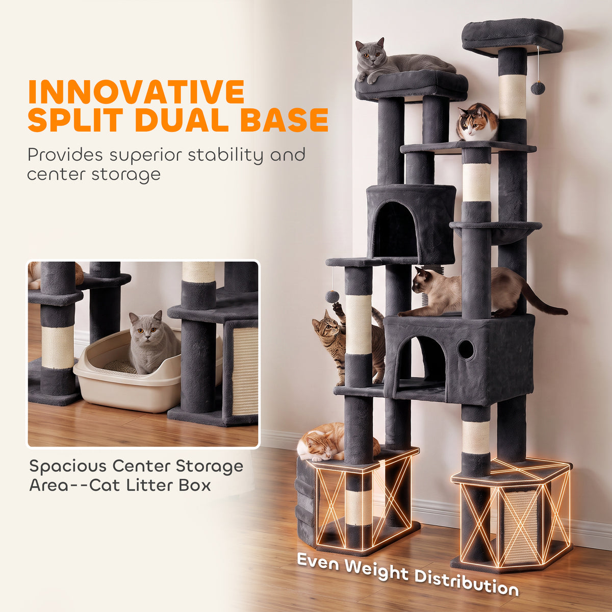 79" Extra Large Cat Tree Tower with Dual Baseboard for Large Adult Big Cats, Dark Gray