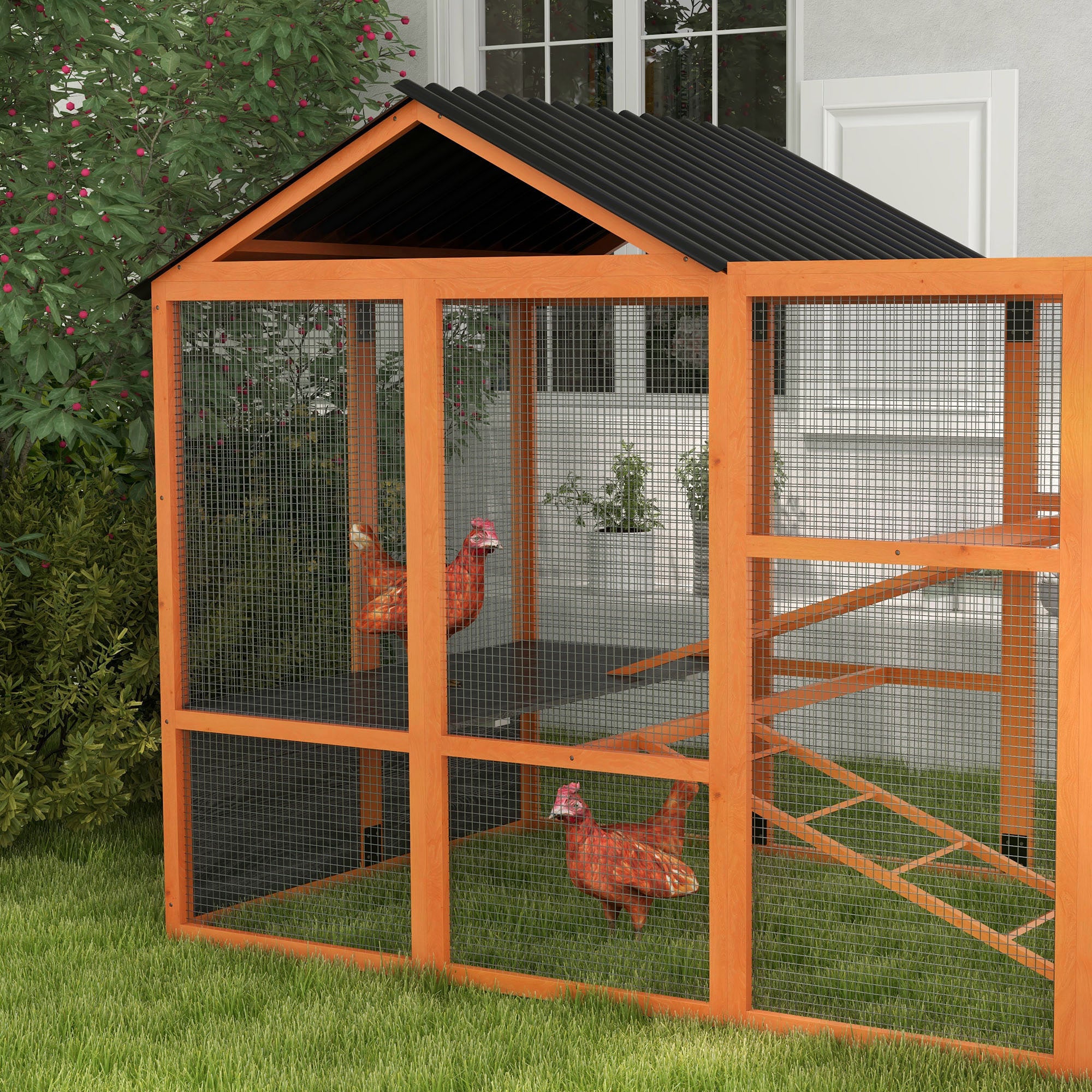Wooden Chicken Coop Run for 6 - 10 Chickens, Hen House Add-On with Storage, Perches, 141.75" x 48" x 61", Orange - Orange - Image 8