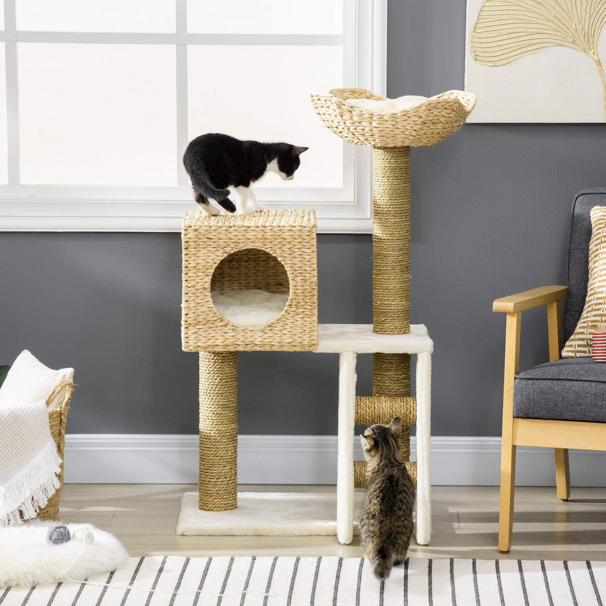 Cattail Weave Cat Tree for Indoor Cats Kitty Tower with Rattan Cat Condo, Wicker Bed, Ladder, Washable Cushions, 22.5" x 14.5" x 39.5", Natural - Natural Wood - Image 2