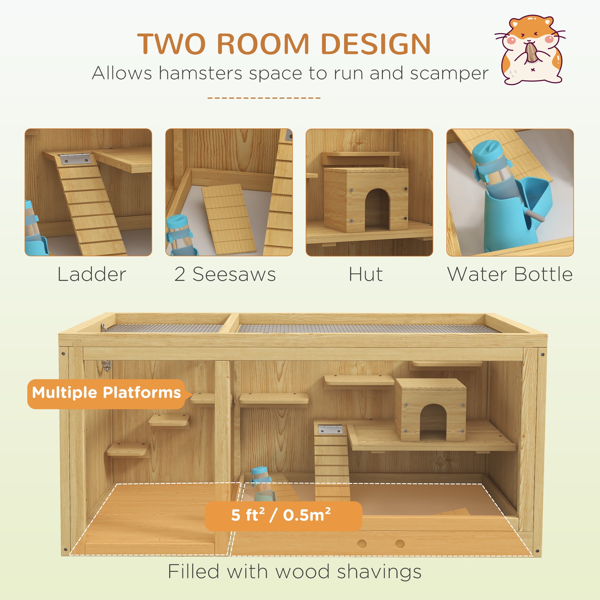 Extra Large Wooden Hamster Cage with Pull-out Tray, Seesaws, Ladder - Natural wood finish - Image 4