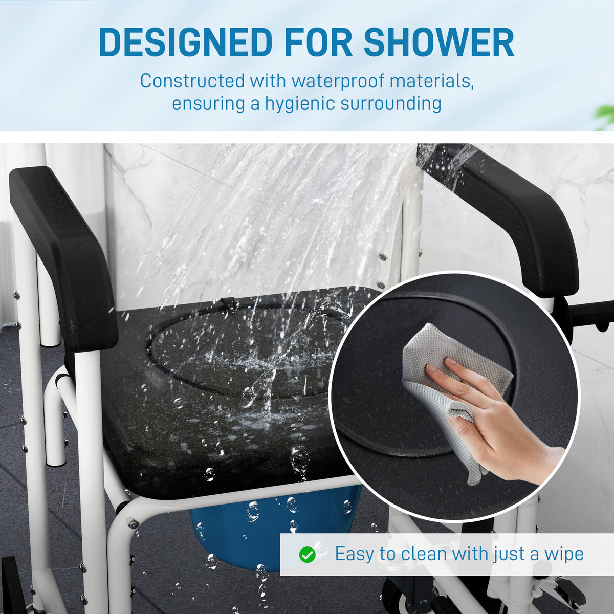 Rolling Shower Wheelchair for Seniors, Bedside Commode Chair with Locking Wheels, Seat, Backrest, Arms, Black