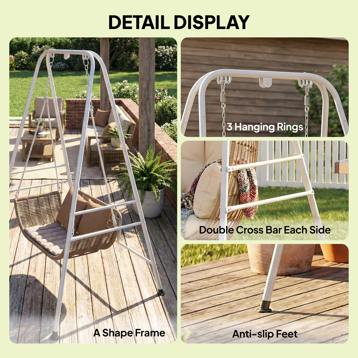 Hammock Chair Stand Indoor and Outdoor Use with Anti-Slip Foot Pads, 2 Carabiners, White