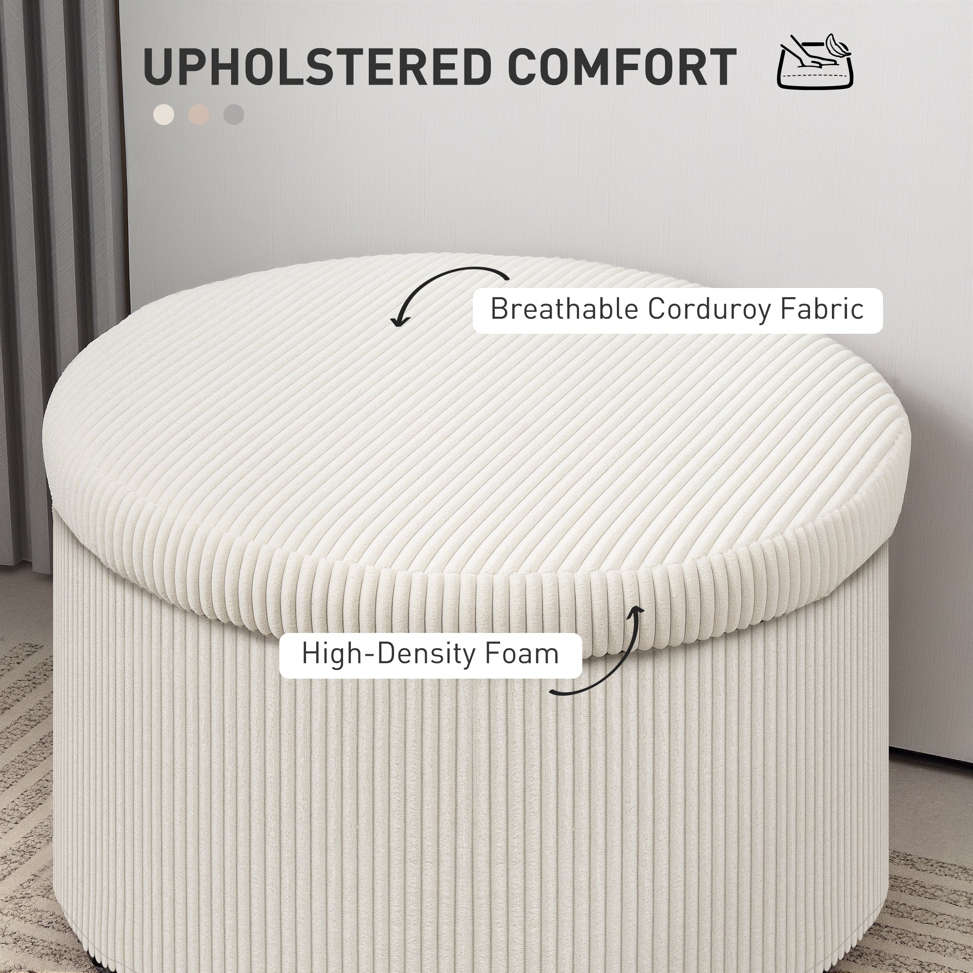 24 Inches Round Storage Ottoman Stool with Lid, Upholstered Corduroy Foot Rest for Living Room, Bedroom, Beige