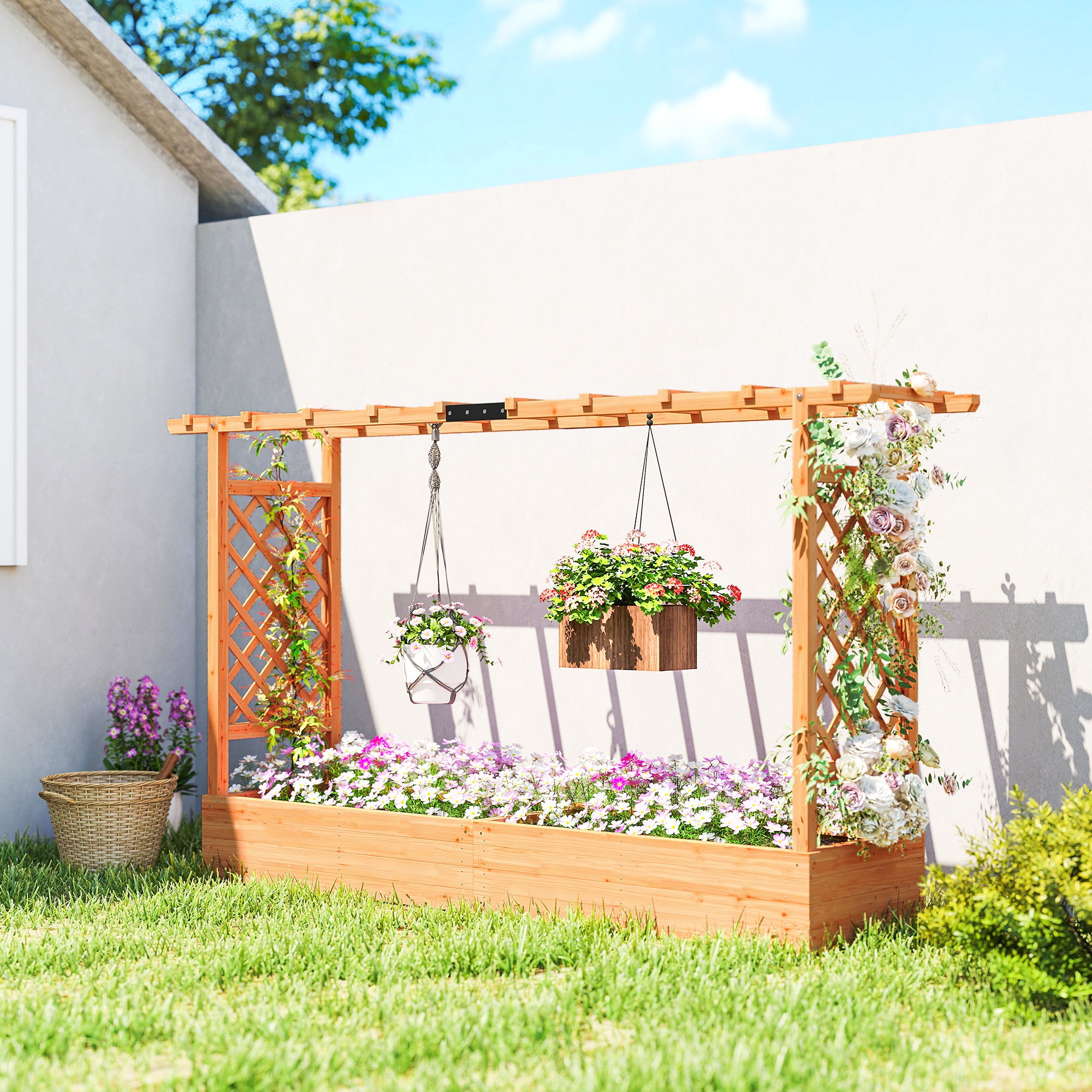Wooden Planter Box with Trellis, Hanging Roof and Drainage Holes for Climbing Plants, Vegetables, Herbs and Flowers - Natural Wood - Image 2