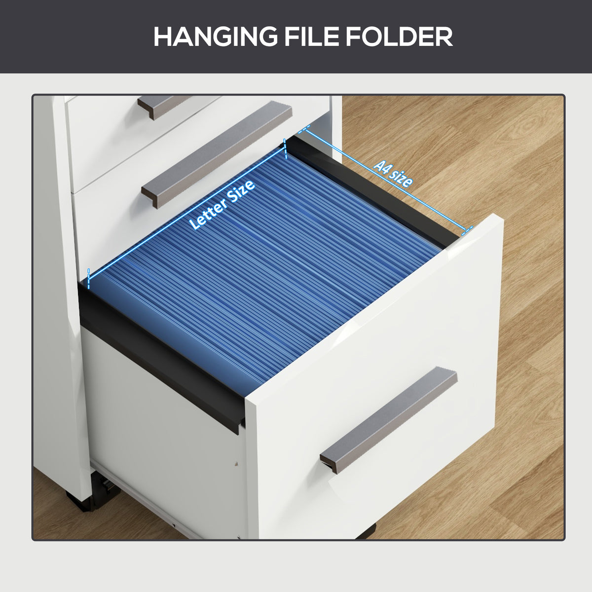 Lockable Filing Cabinet on Wheels, 3 Drawer Mobile File Cabinet with Lock and Edged Top, White