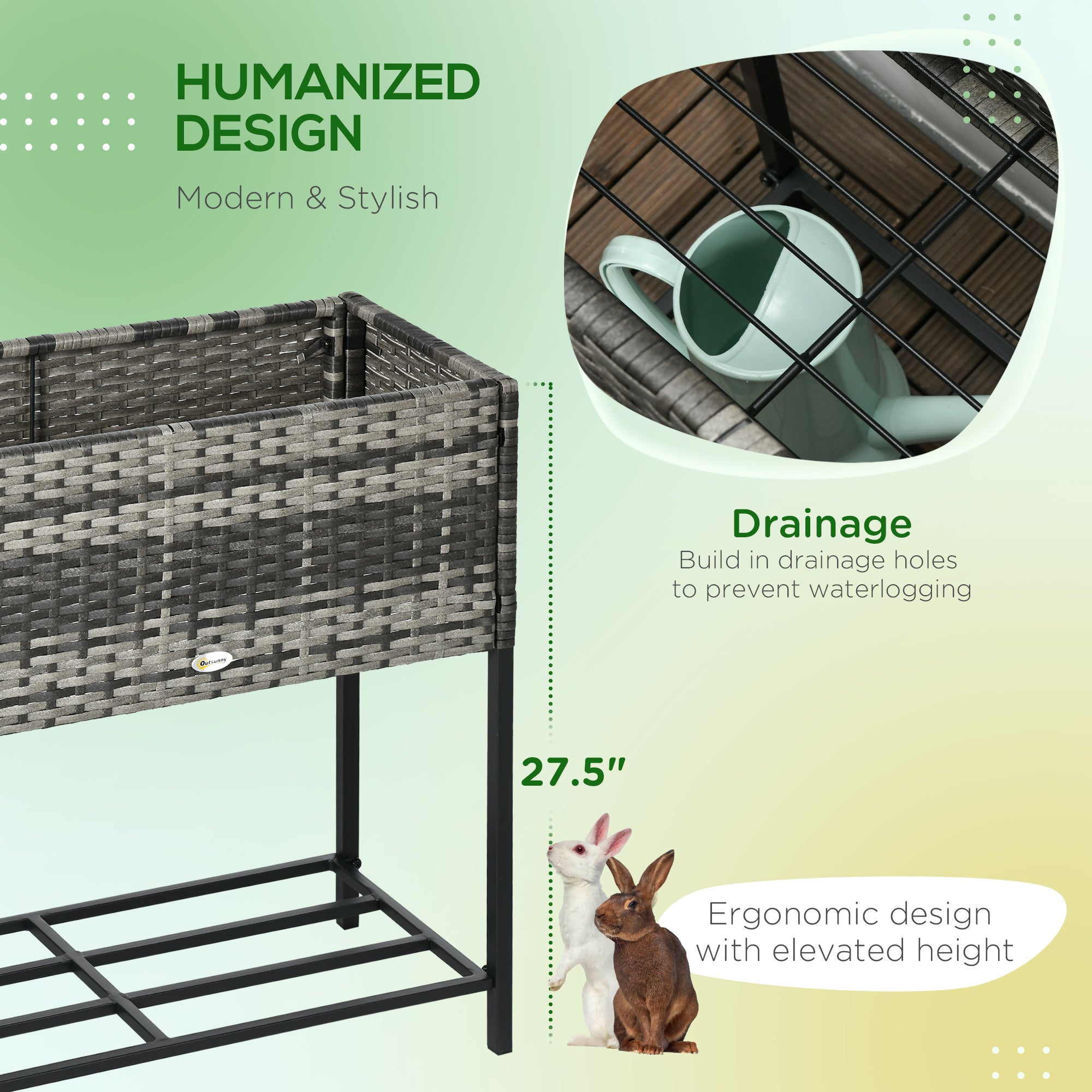 Raised Garden Bed, Elevated Planter Box with Rattan Wicker Look, Tool Storage Shelf, Portable Design for Herbs, Vegetables, Flowers, Gray - Gray - Image 6