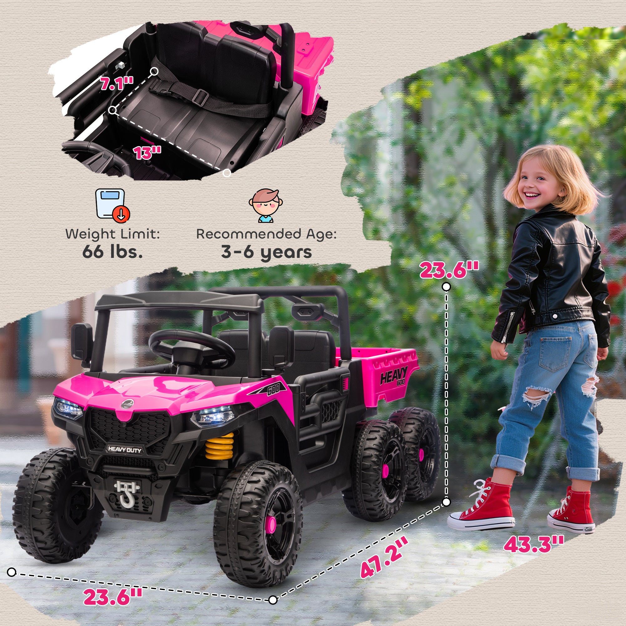 24V 4WD Kids Ride On Car with 6 Wheels Electric Ride On Car with Dump Bed, Remote for 3-6 Years, Pink