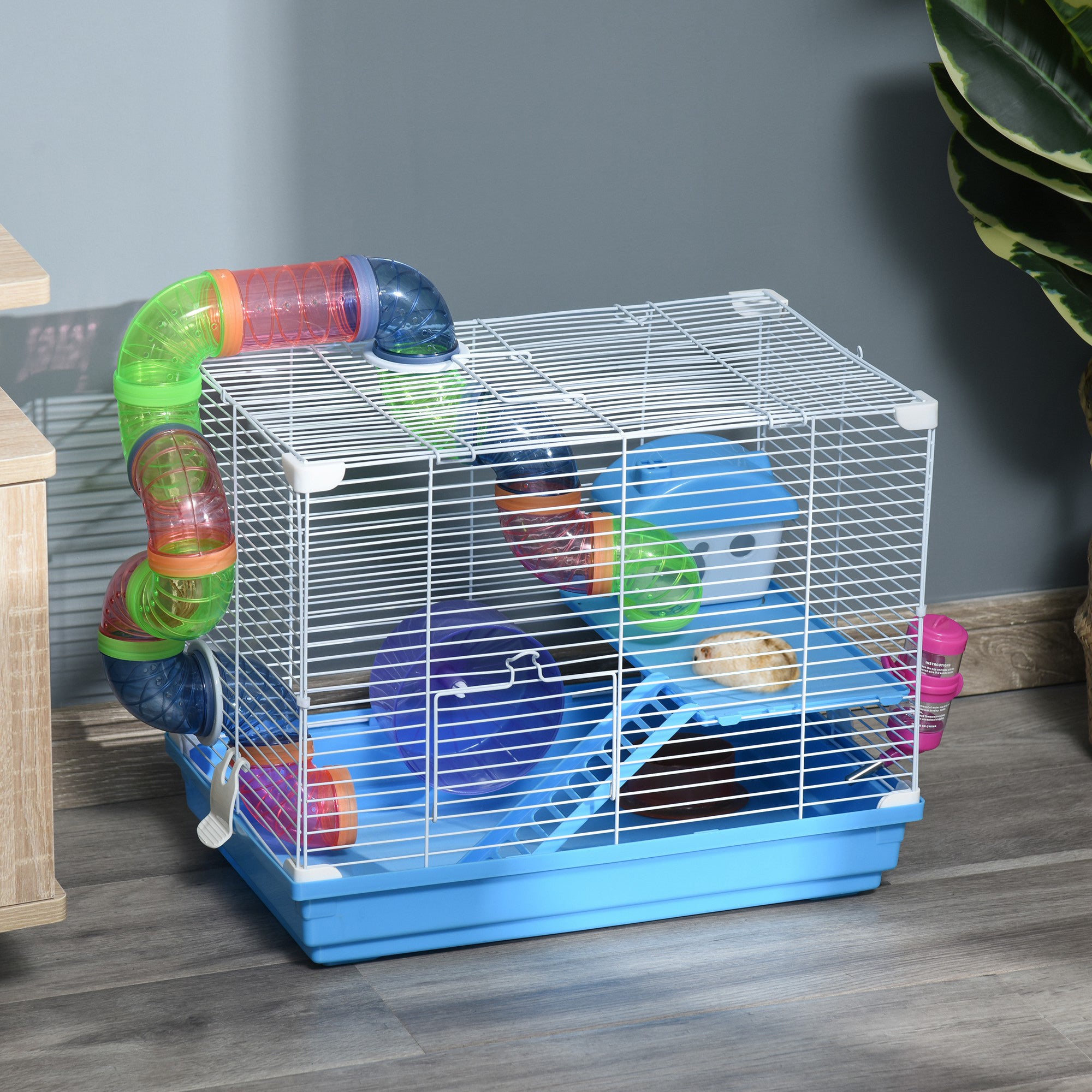 2-Level Hamster Cage Rodent Gerbil House Mouse Mice Rat Habitat Metal Wire with Exercise Wheel, Play Tubes, Water Bottle, Food Dishes, & Interior Ladder - Blue - Image 2