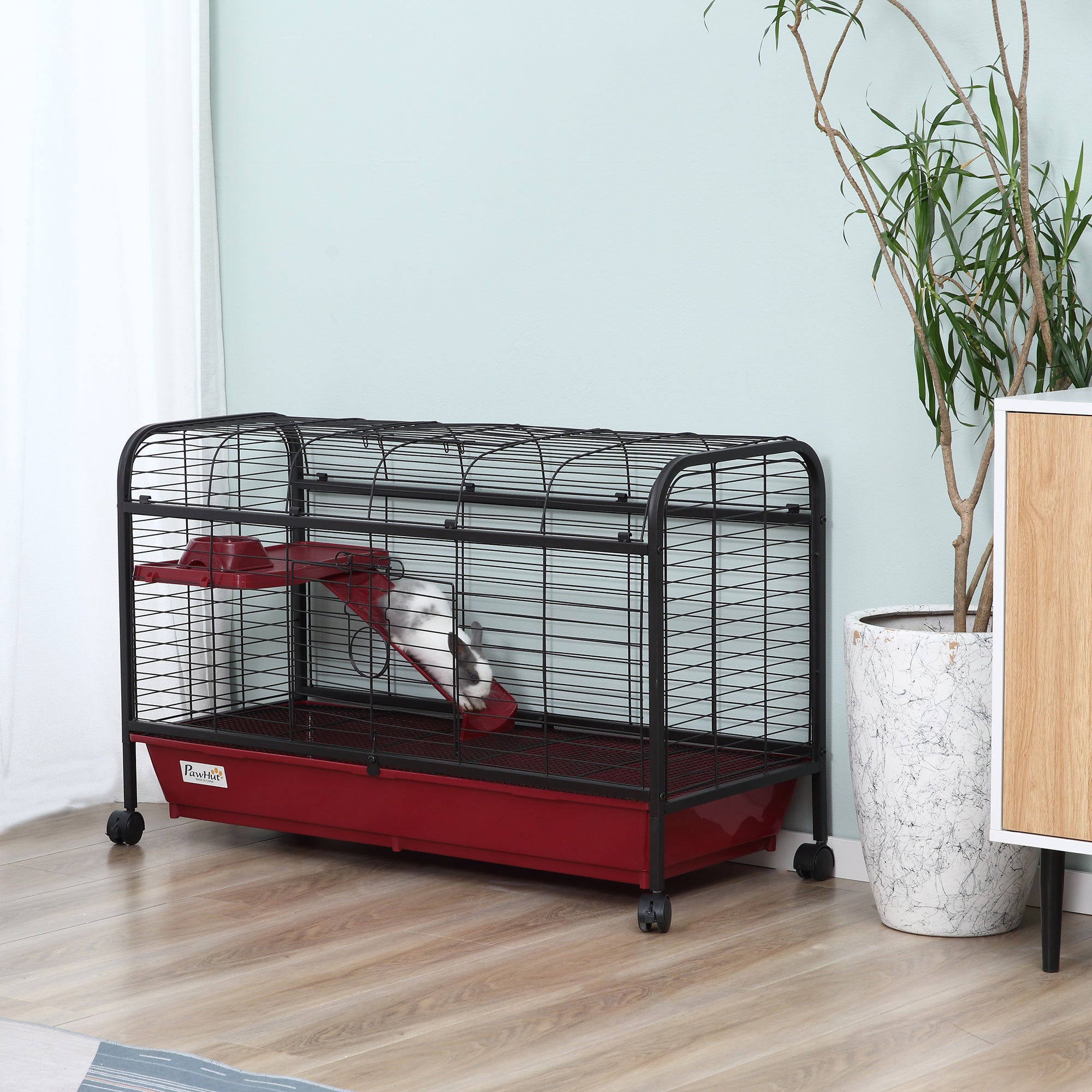 41"L Small Animal Cage, Pet Play House for Rabbit Hutch Ferret with Feeder, Rolling Wheels, Platform, Ramp - Red and Black - Image 8