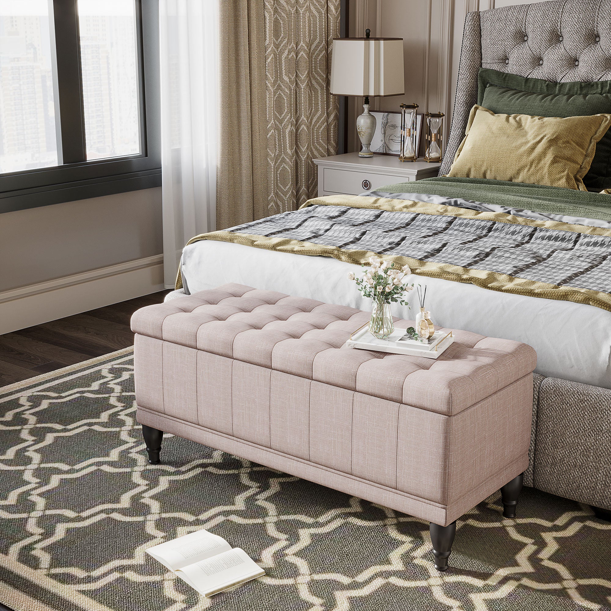 Storage Ottoman, Linen Fabric Button Tufted Storage Bench with Soft Close Lid for Living Room, Entryway or Bedroom, Beige