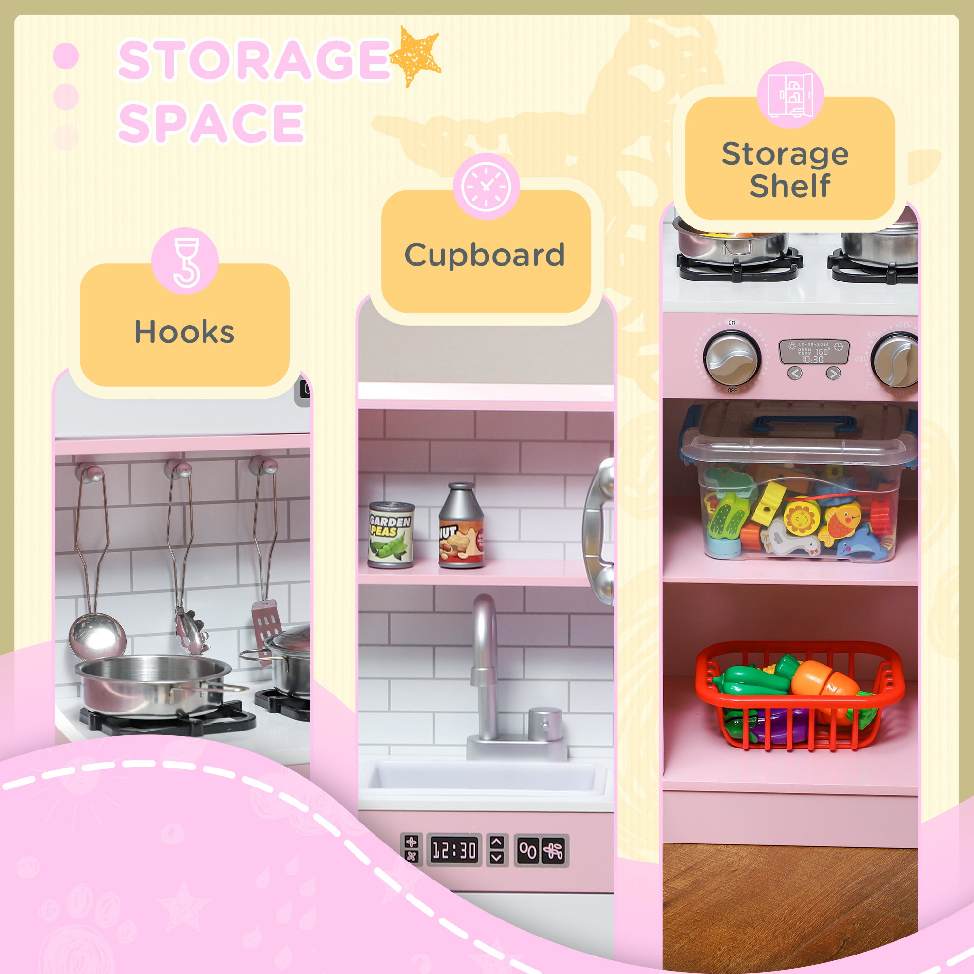 Pretend Play Kitchen, Kids Kitchen Playset with Play Phone, Chalkboard, Towel Rack & Ice Maker for 3-8 Years Pink