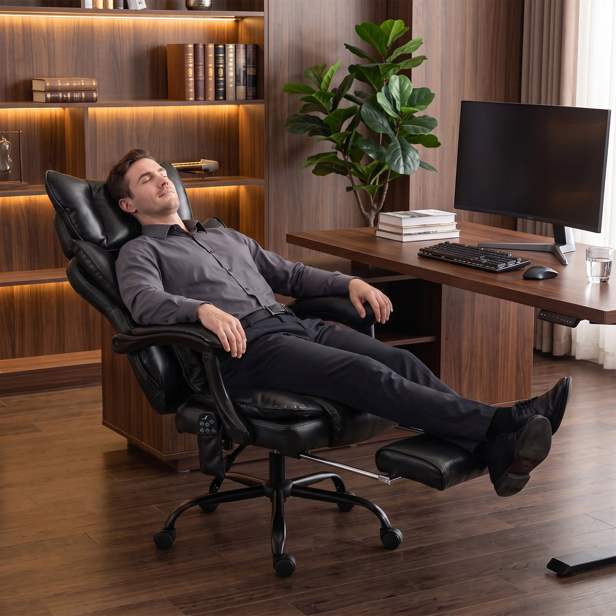 High Back Vibration Massage Office Chair, Heated Reclining PU Leather Computer Chair with Headrest, Black