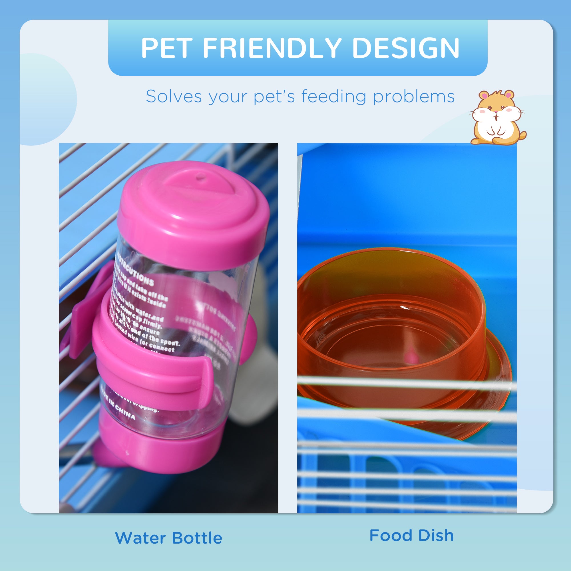 2-Level Hamster Cage Rodent Gerbil House Mouse Mice Rat Habitat Metal Wire with Exercise Wheel, Play Tubes, Water Bottle, Food Dishes, & Interior Ladder - Blue - Image 5