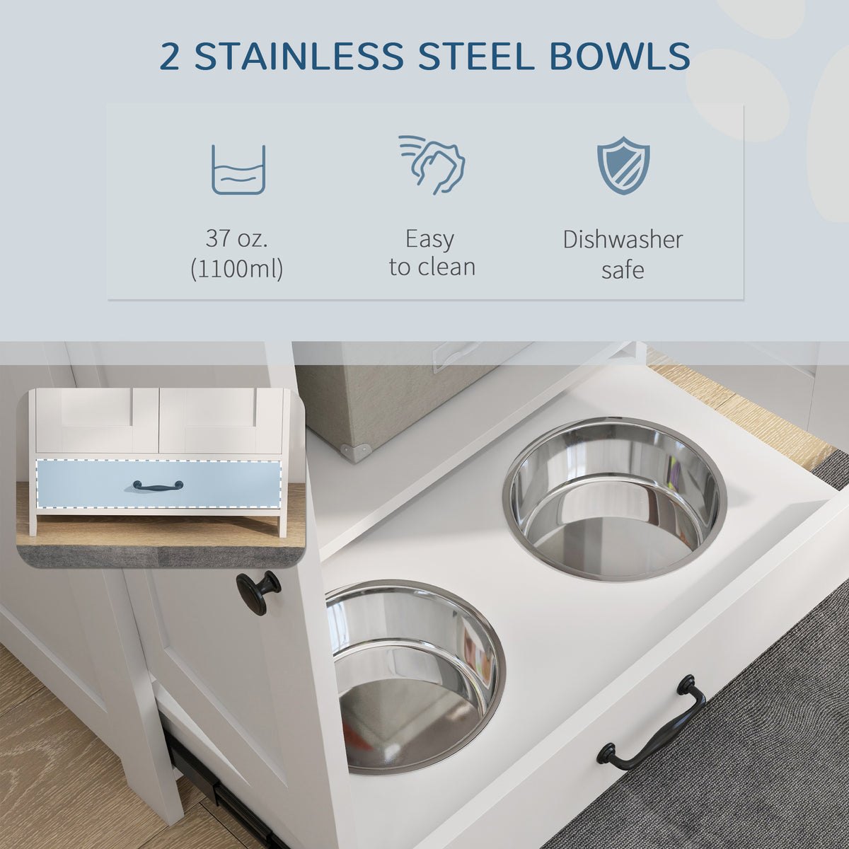 Pet Feeding Station, Dog Food Storage Cabinet w/ Raised Dog Bowls, Adjustable Panel, Hooks for Medium Dogs, White