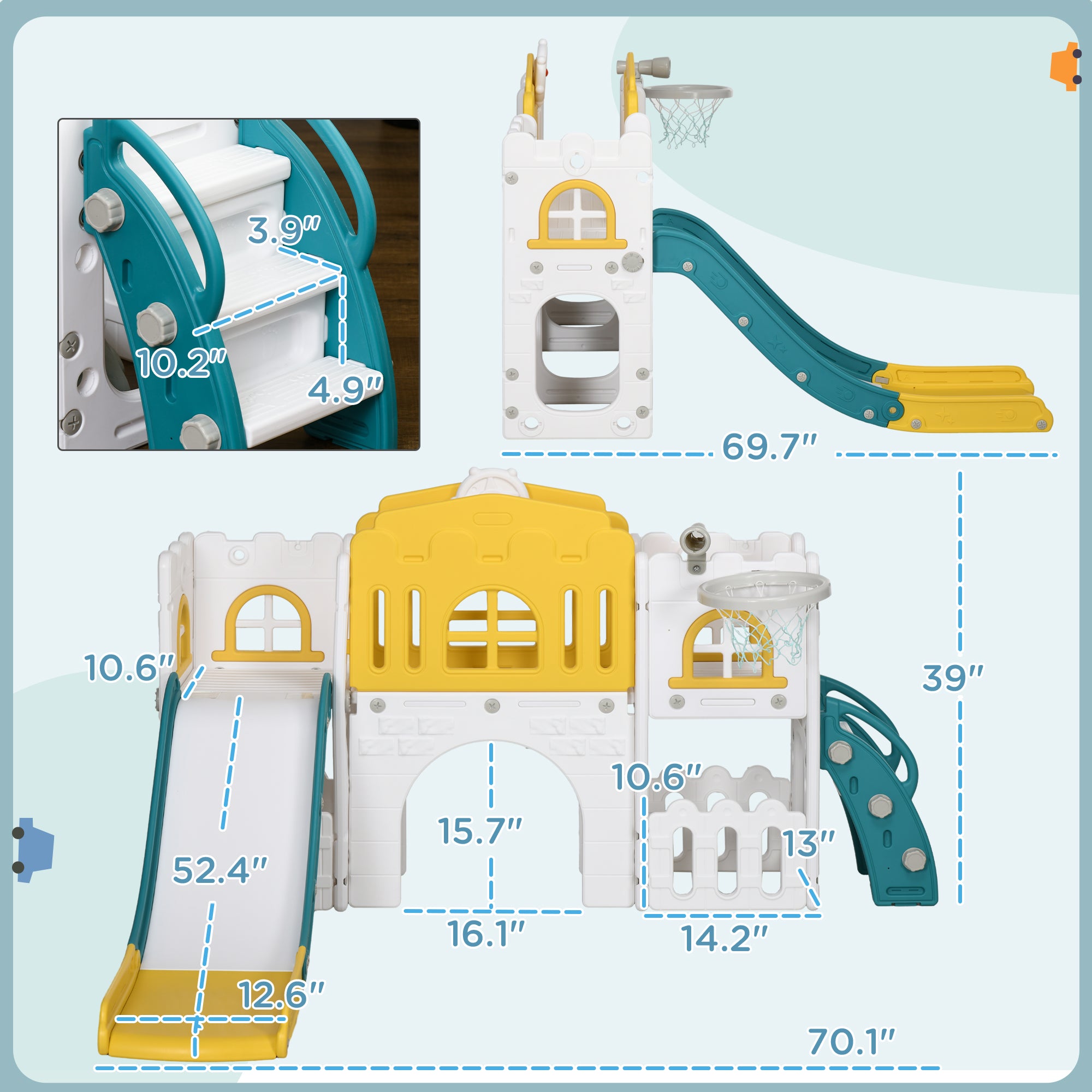8 in 1 Toddler Slide for Kids Age 1-3 Years with Basketball Hoop, Climber, Telescope, Tunnel, Steering Wheel, Aisle