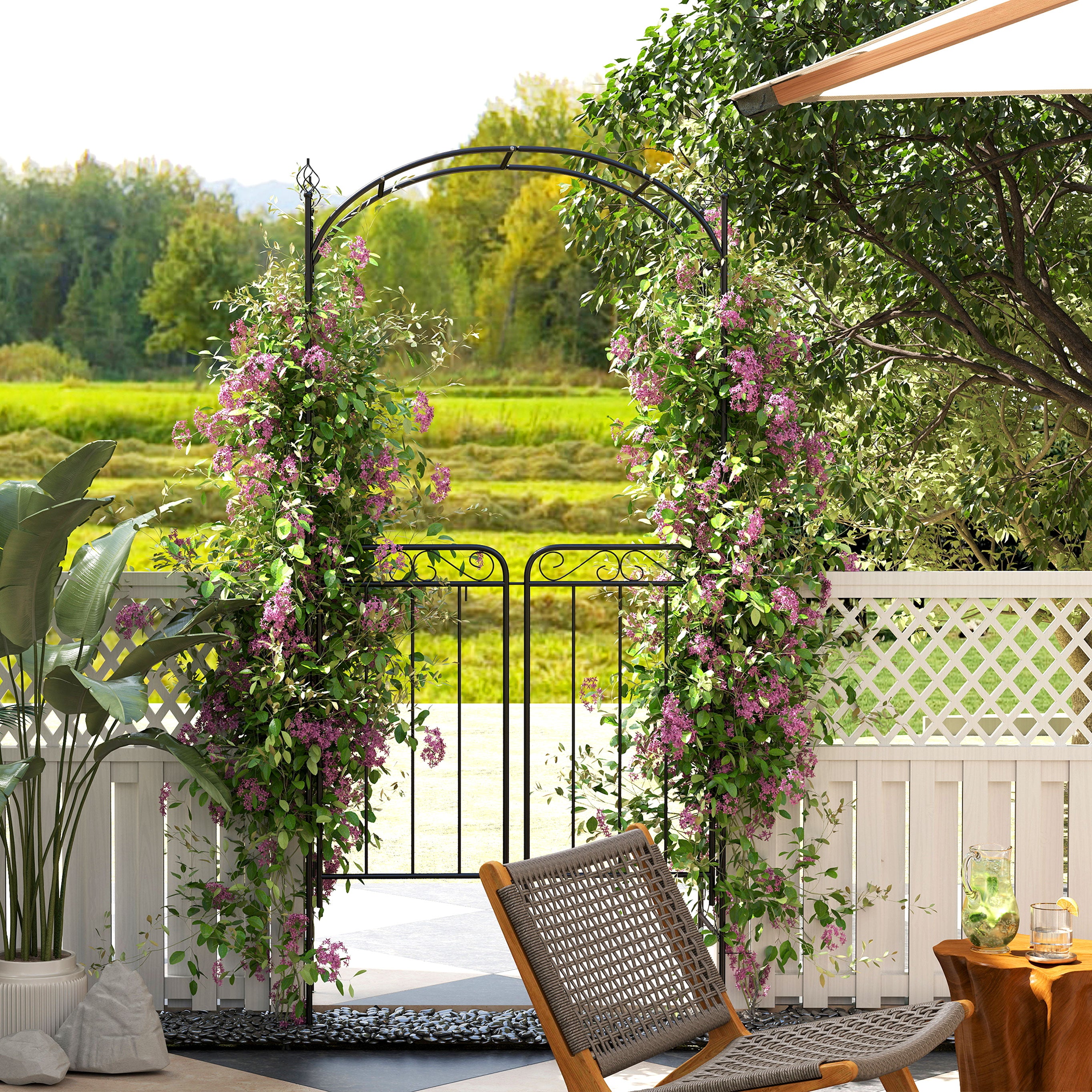 84" Garden Arch Arbor with Gate, Metal Arch Trellis, Garden Archway for Climbing Vines, Wedding Ceremony Decoration, Flourishes & Arrow Tips, Black - Matte Black - Image 2