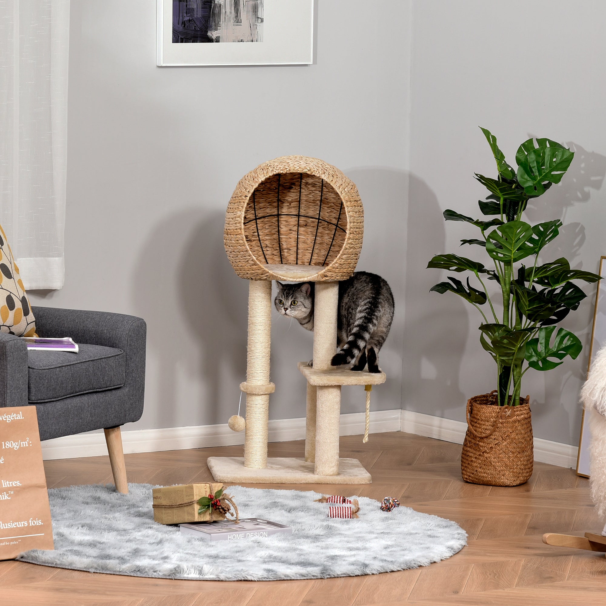 Cat Tree with Sisal Scratching Post Condo and Hanging Rope 39" H, Beige - Beige - Image 7