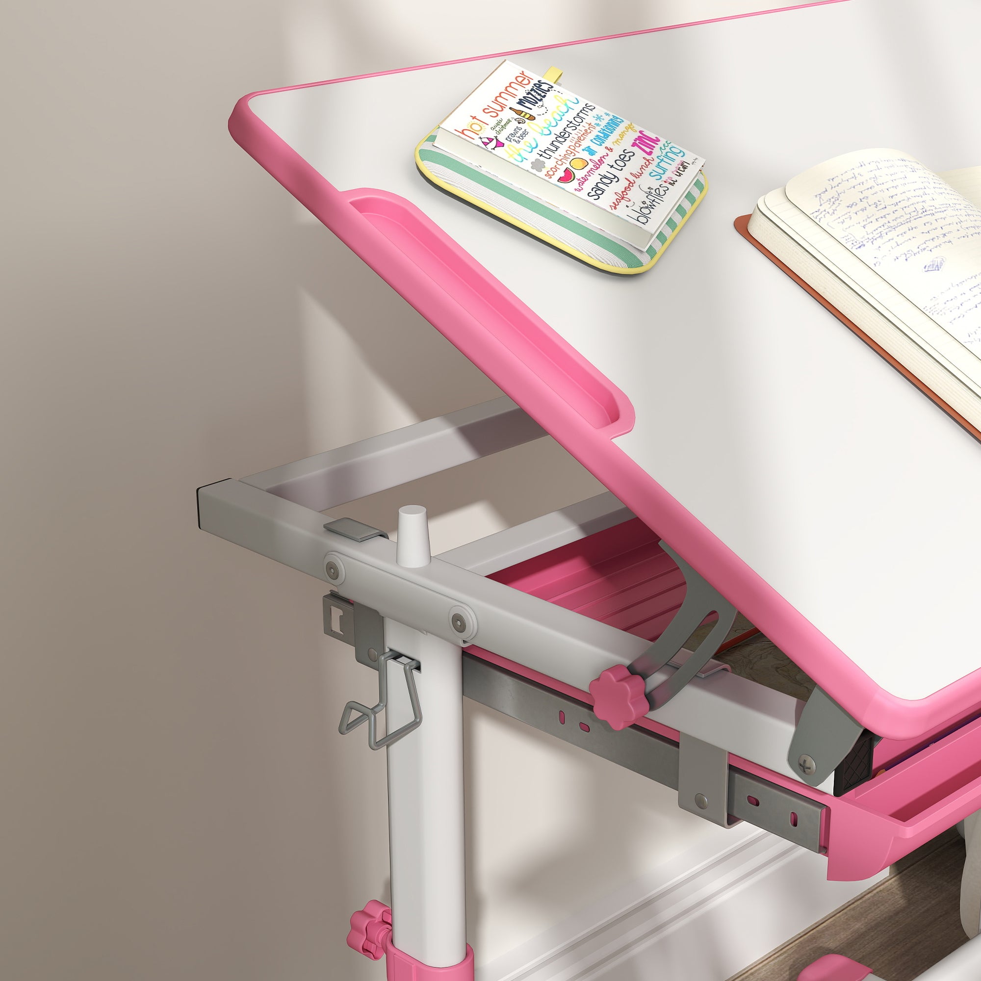 Height Adjustable Kids Desk and Chairs Set with Tilt Desktop, Storage Drawer, Pen Slot, Hook, Pink
