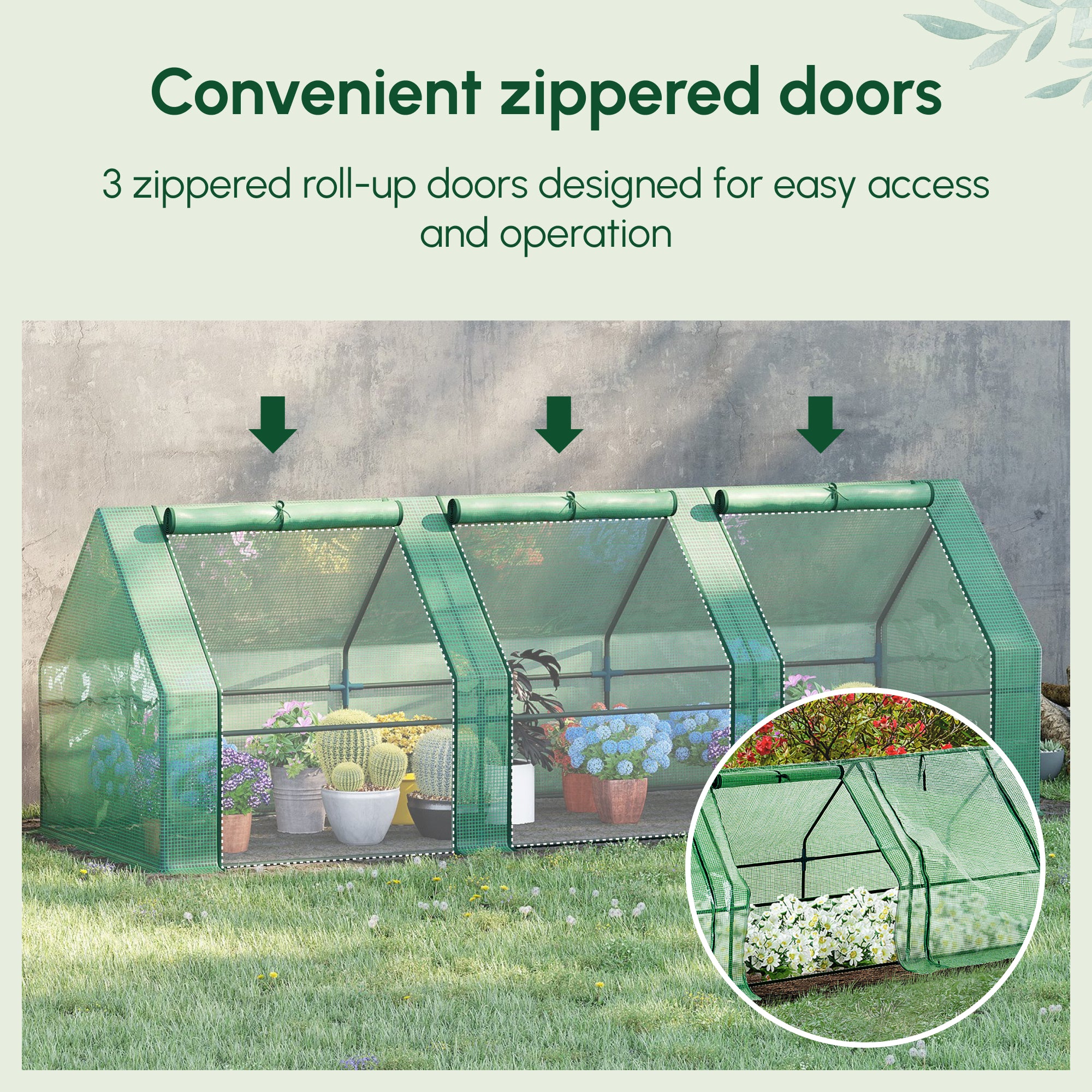 9' x 3' x 3' Portable Mini Greenhouse Outdoor Garden with Large Zipper Doors and Water/UV PE Cover, Green - Green - Image 4
