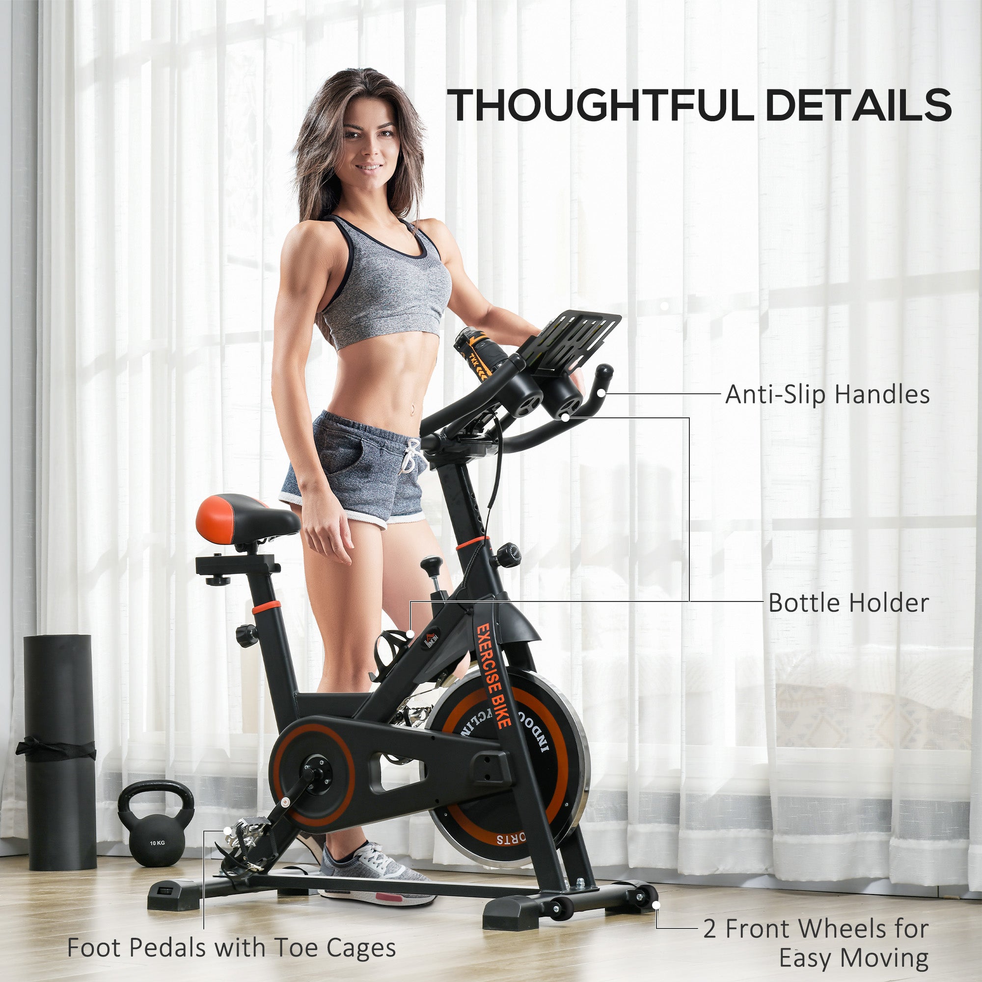 Exercise Bike, Flywheel Indoor Stationary Bike, Adjustable Height and Resistance, with LCD Monitor, Comfortable Seat Cushion, 264 lbs Capacity, Black and Red