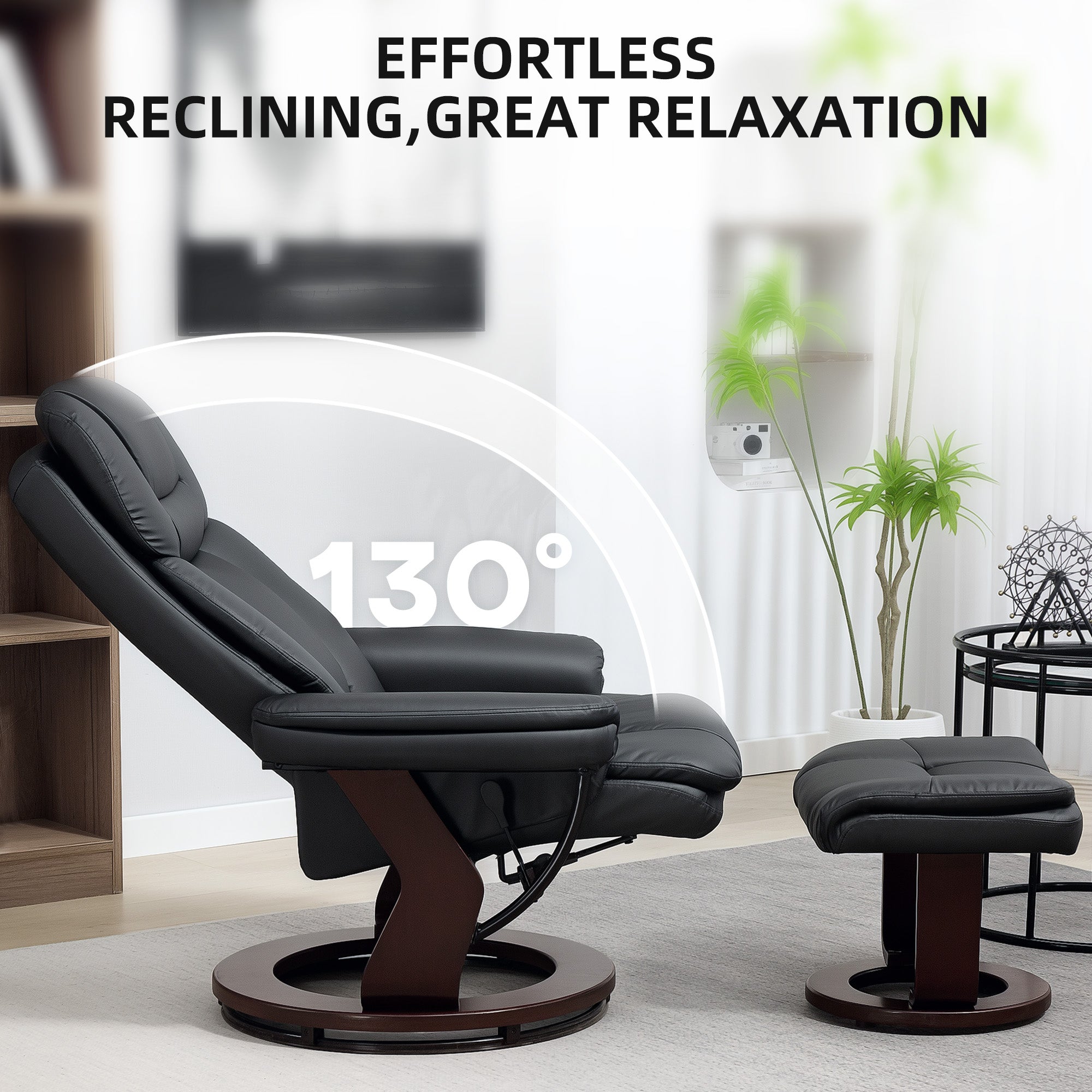 Swivel Recliner with Ottoman, PU Leather Reclining Chair with Footrest, for Living Room, Bedroom, Black