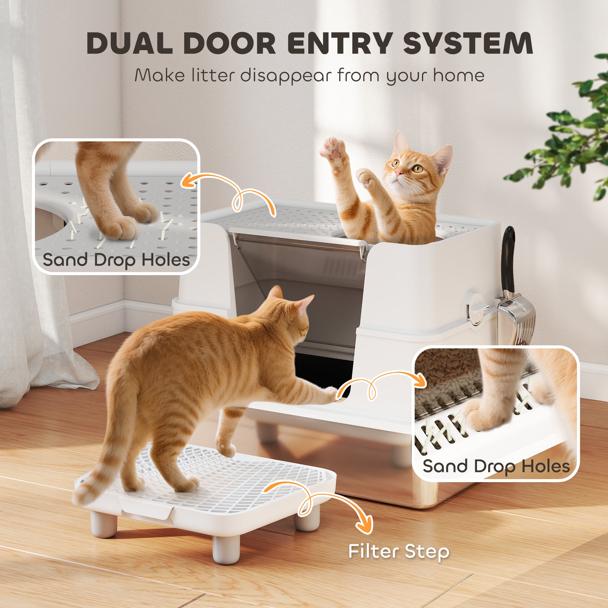 XL Stainless Steel Litter Box w/ 100° Flip Top, Scoop, Step, Top & Side Entry Enclosed Litter Box for Big Cats - Light Gray - Image 7