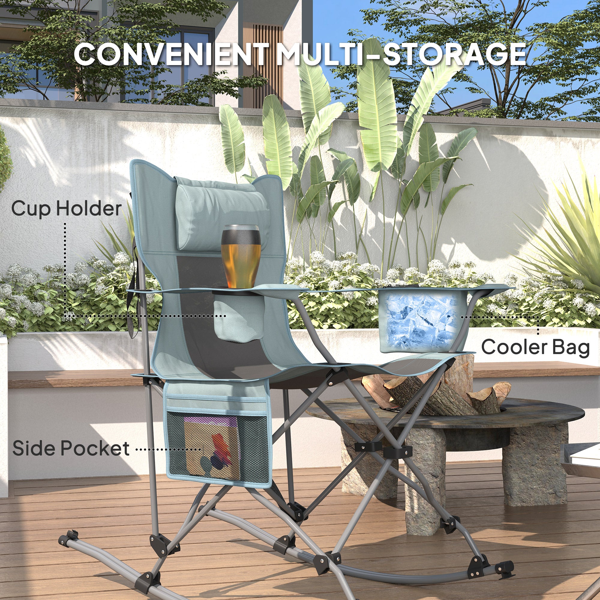 Folding Rocking Camping Chairs, Portable Chairs with Headrest, Cooler Bag, Cup Holder, Carry Bag, 2 Pack, Gray
