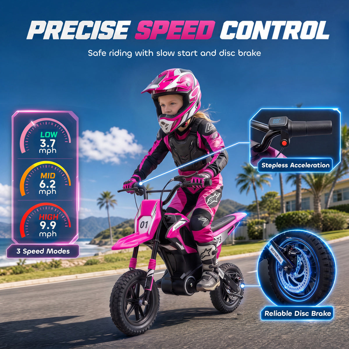 24V Kids Electric Motorcycle with 180W Brushless Motor, Suspension, Soft Start, 12" Rubber Tires for 6+ Years, Pink