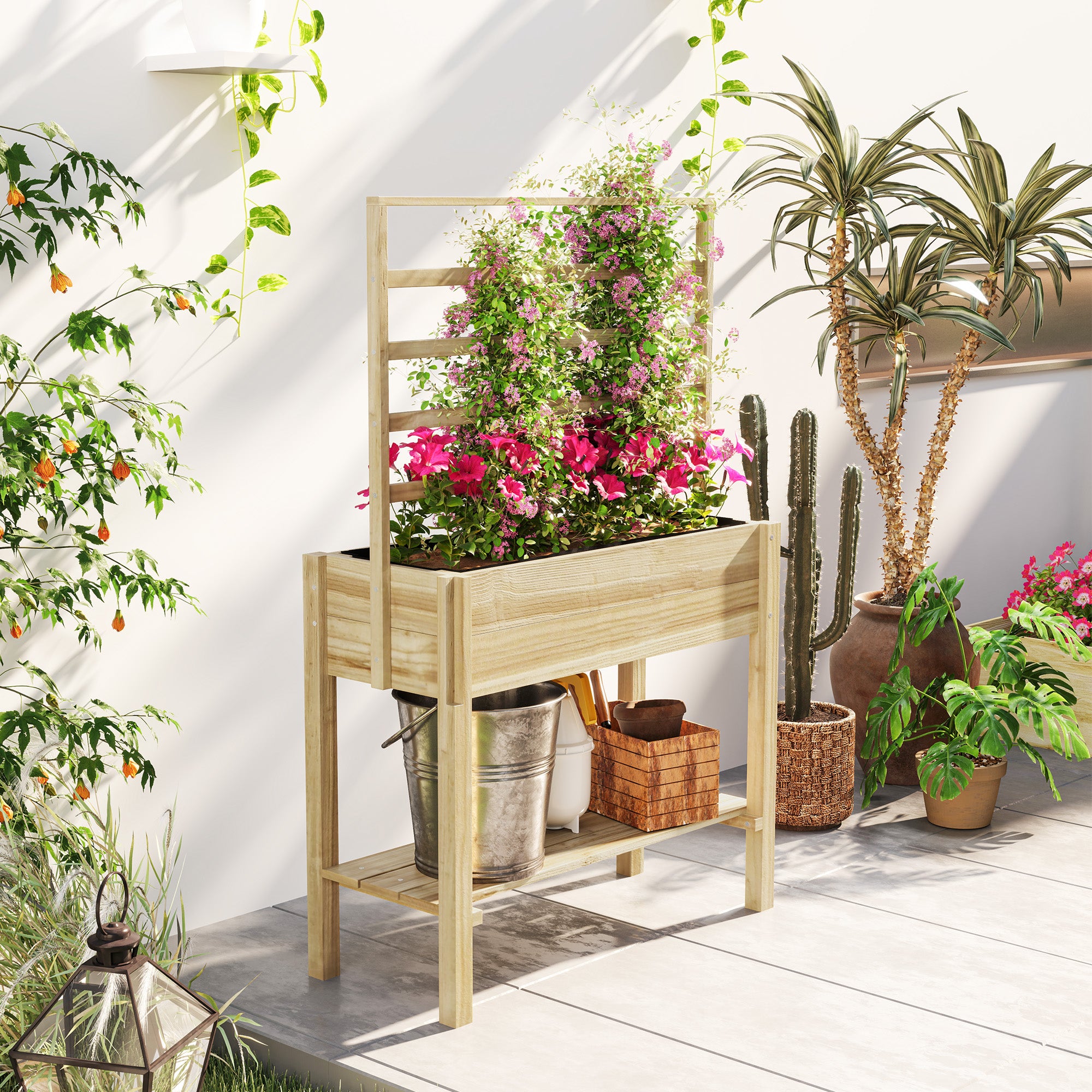 Wooden Raised Garden Bed with Trellis, Outdoor Planter Box with Storage Shelf for Vegetables, Flowers, Herbs - Natural Wood - Image 8
