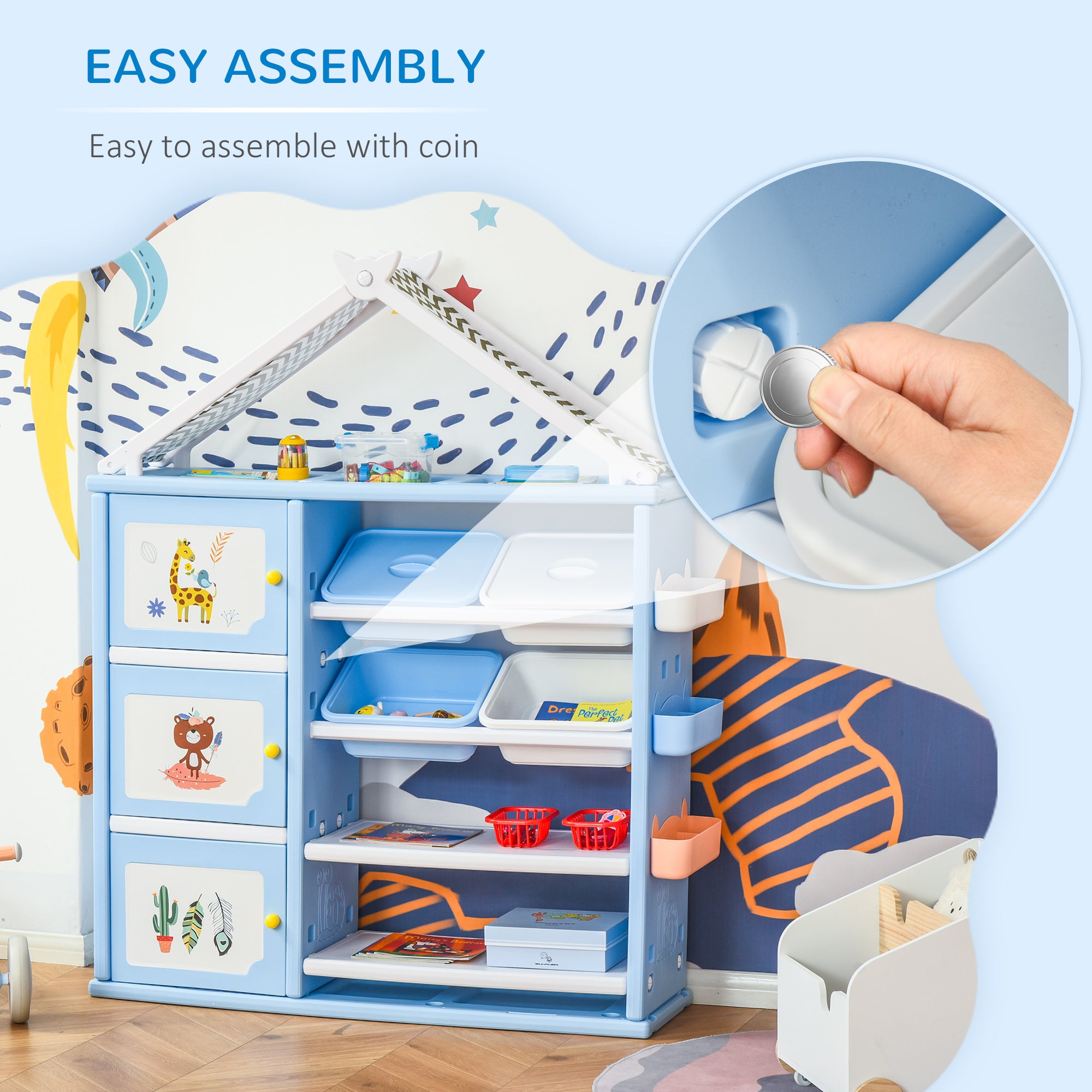 Kids Toy Storage Organizer with 4 Bins, Storage Cabinets, Bookshelf and 4-Layers Toy Collection Shelves, Blue