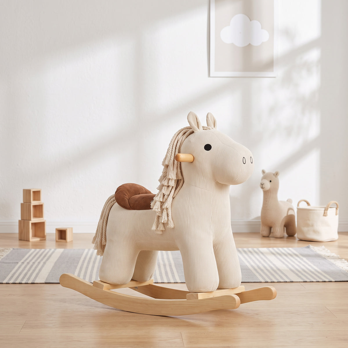 Baby Rocking Horse, Wooden Ride on Horse Toy with Realistic Sound and Rocking Limiter, Plush Ride-On Rocker for Toddlers