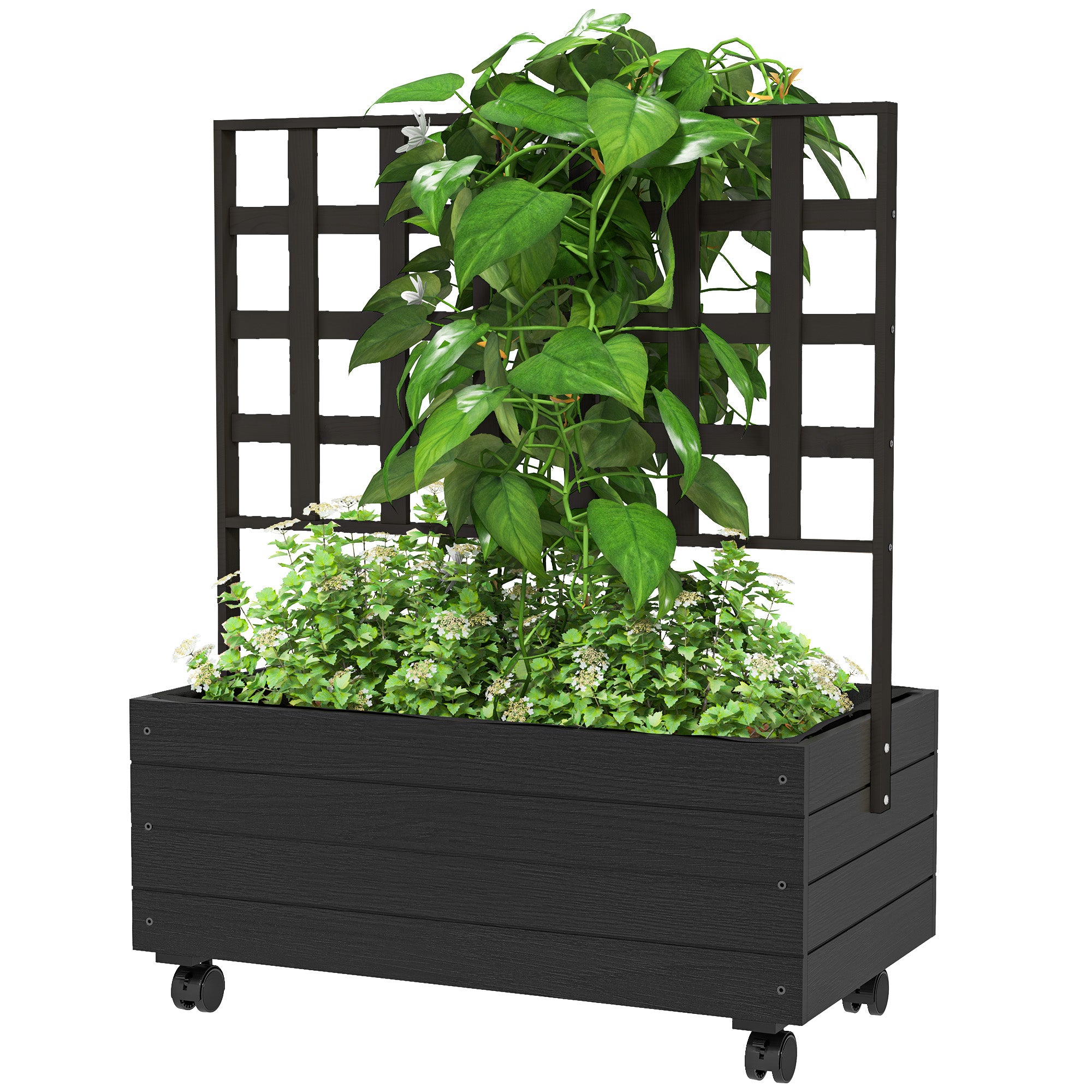 Raised Garden Bed with Trellis and Wheels, Outdoor Planter Wooden Elevated Garden Bed for Garden, Patio, Balcony - Black