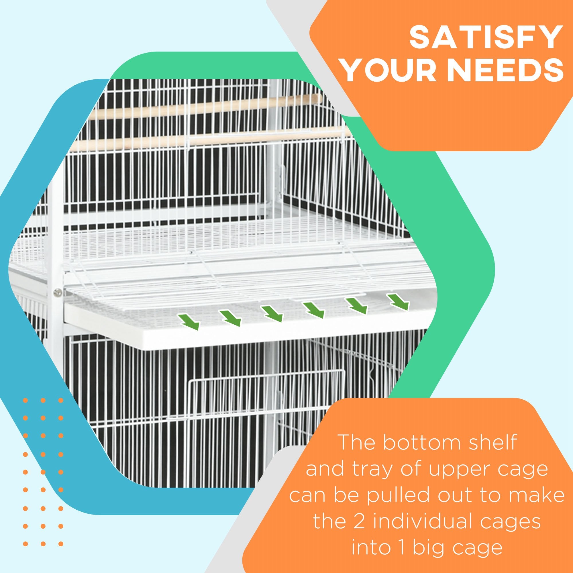 Wrought Metal Bird Cage Feeder with Rolling Stand Perches Food Containers Doors Wheels 67" H, White - White - Image 7