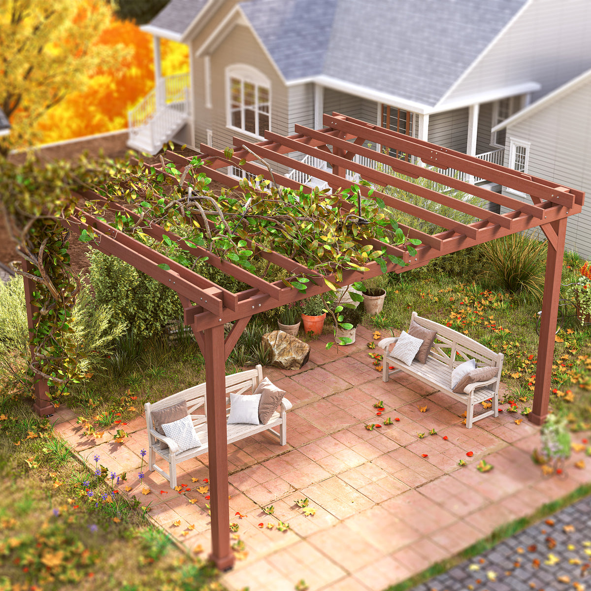 11' x 12.5' Outdoor Wood Pergola with Grape Trellis for Patio, Deck, Backyard, Lawn