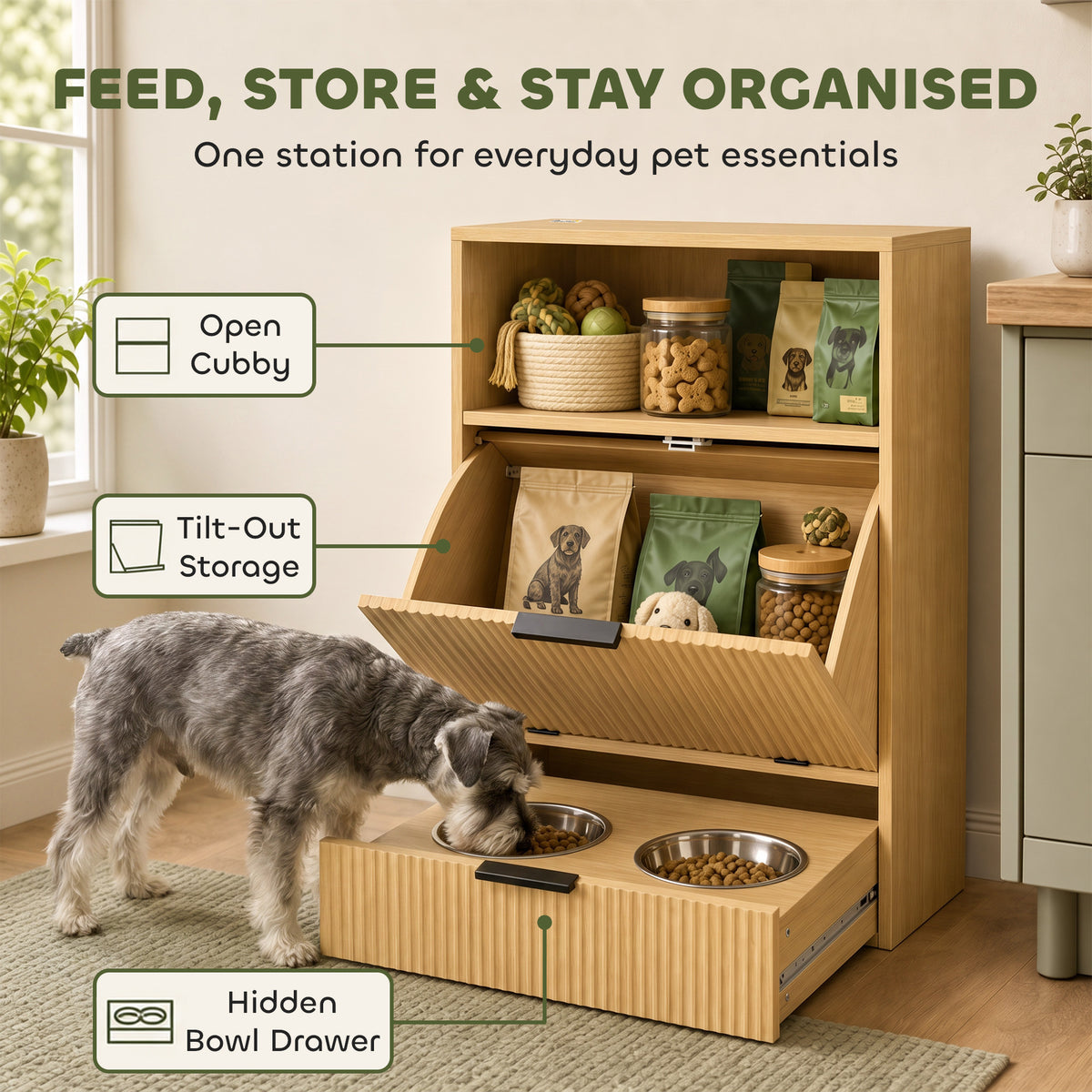 Dog Feeding Station with Storage, Hidden Pet Feeding Station with 2 Elevated Bowls, Tilt Out Storage Cabinet