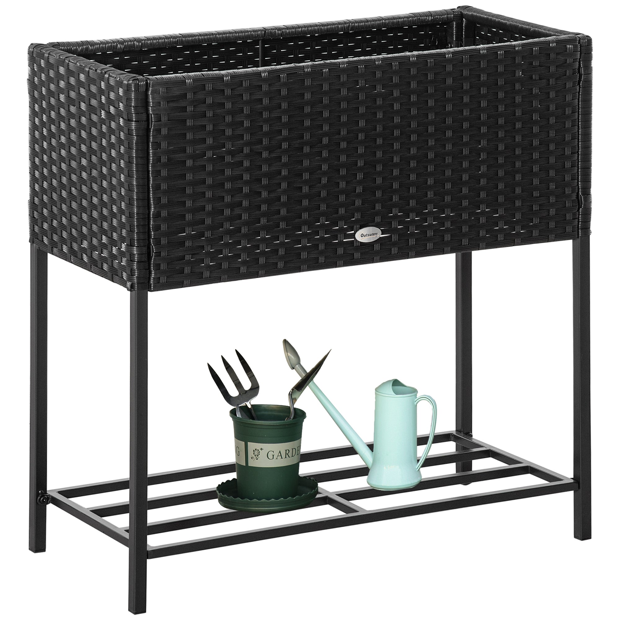 PE Rattan Wicker Raised Flower & Vegetable Planter, Rack Shelf Box - Black