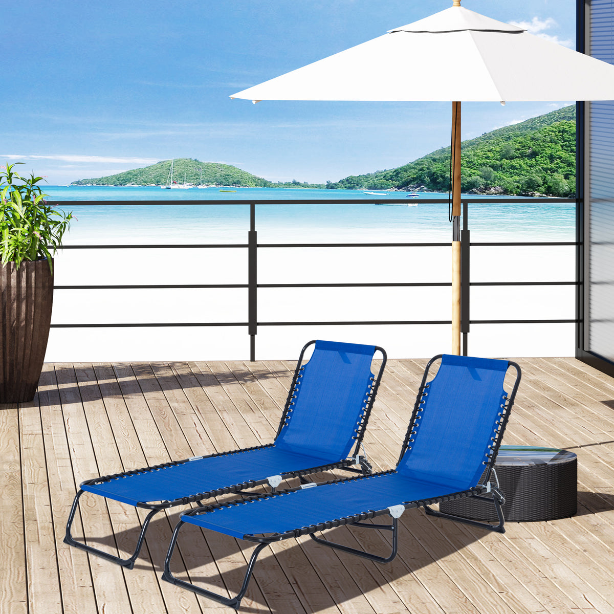Set of 2 Folding Chaise Lounge Chairs, Outdoor Sun Tanning Chairs with Reclining Back, Blue