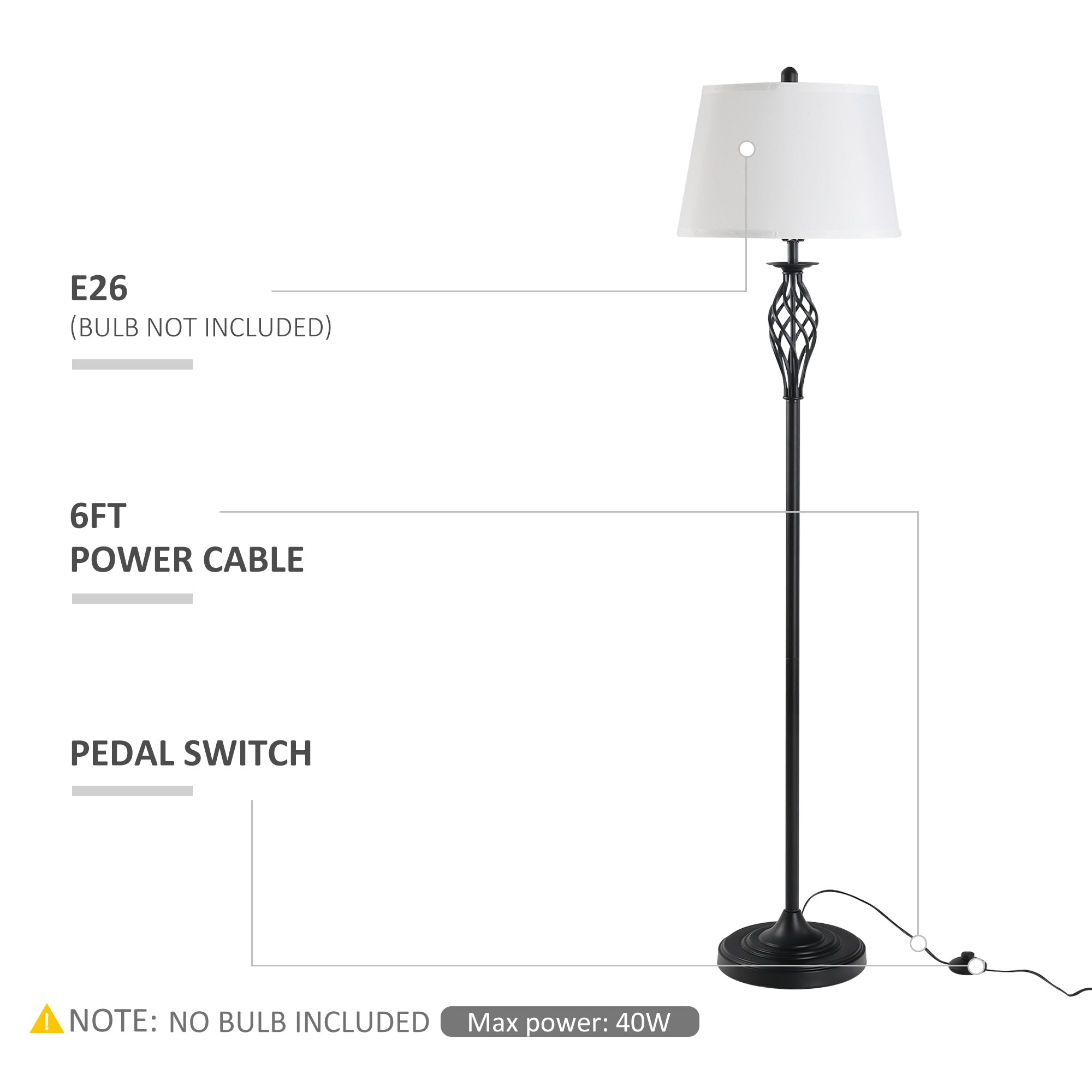 3 Piece Table Floor Lamp Set with Metal Pole, Round Base, and Fabric Lampshade, for Living Room, Black/White