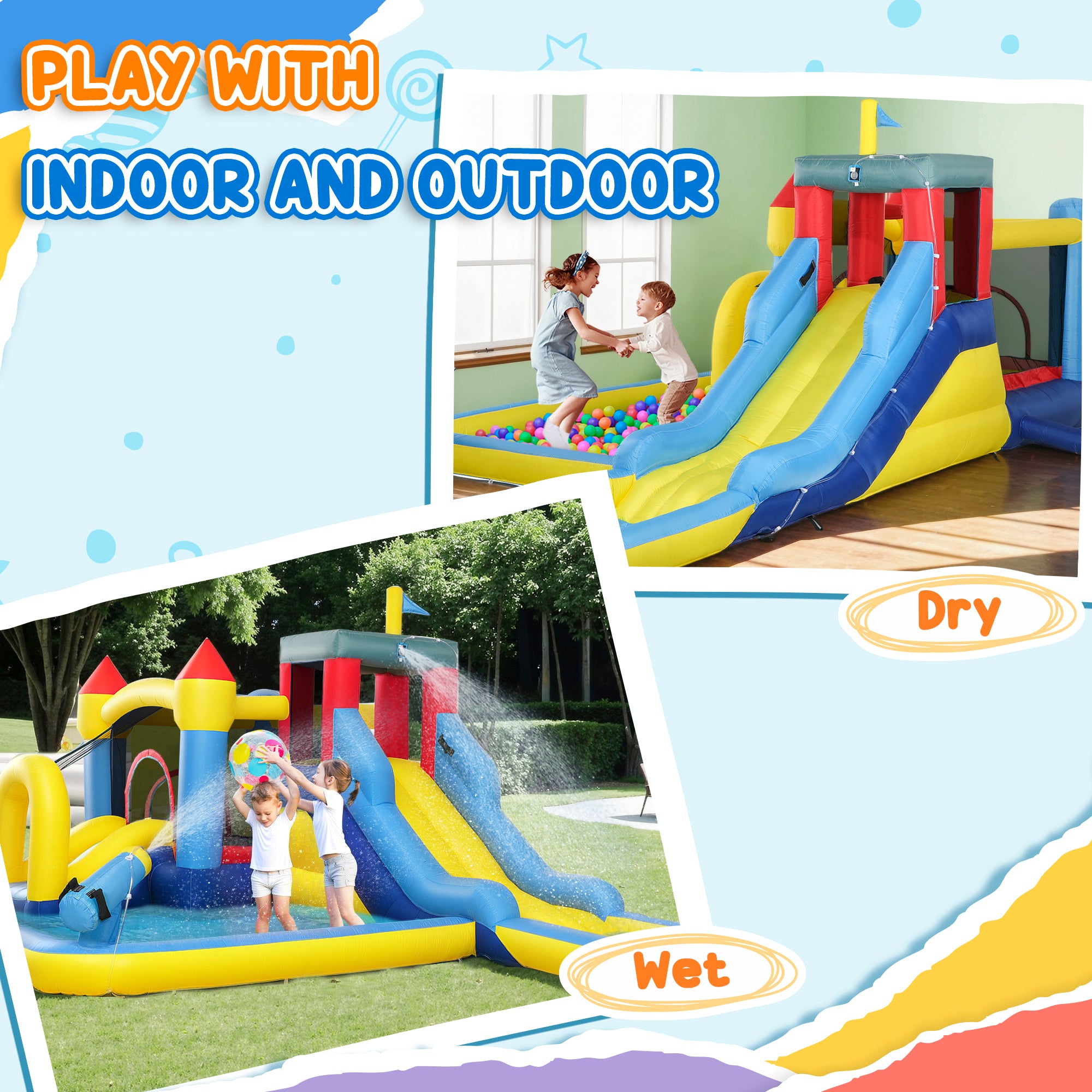 6 in 1 Inflatable Water Slide Park with Splash Pools, 2 Slides, Trampoline, Climbing Wall, Cannon, Basketball Hoop