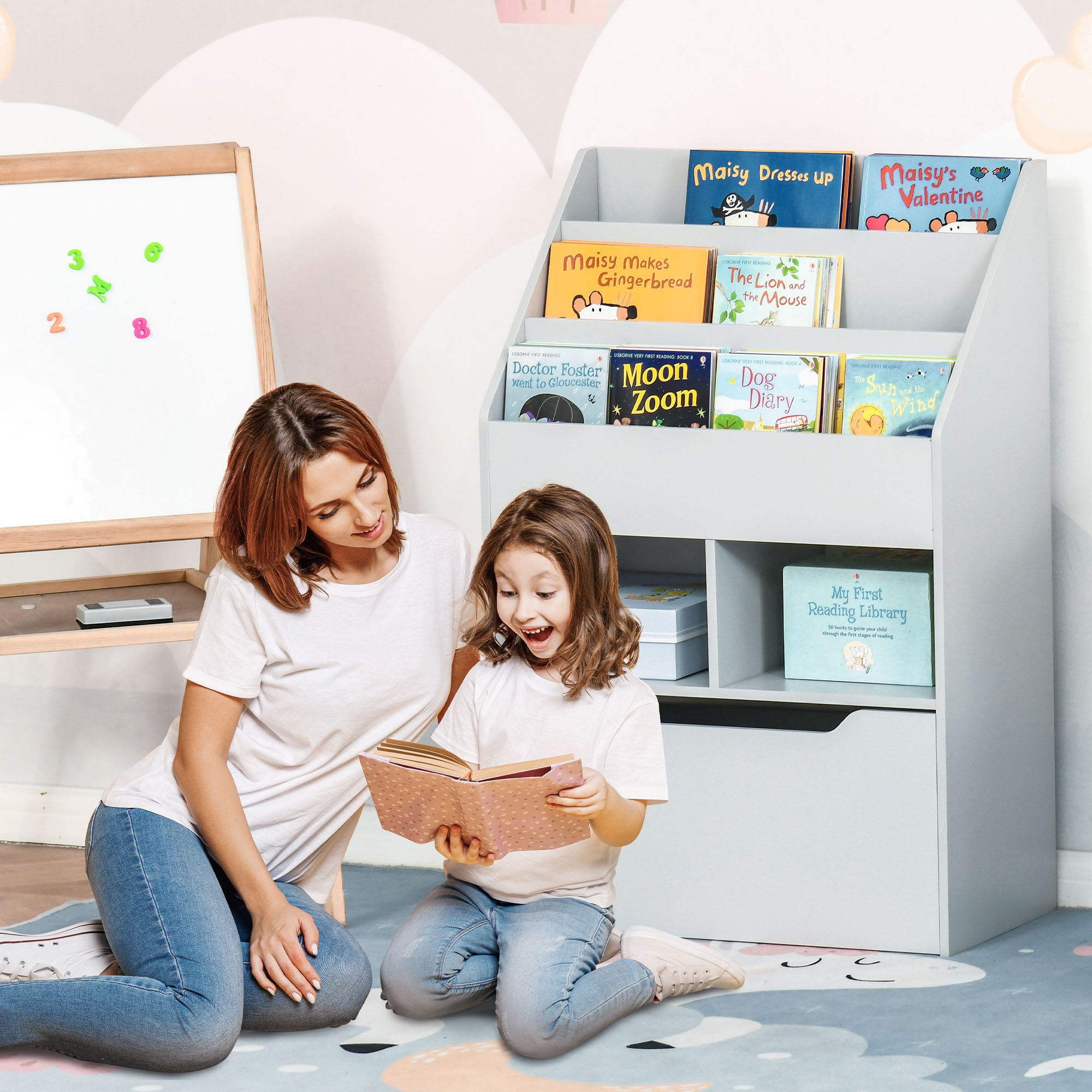 Kids Bookcase Multi-Shelf Book Rack with Mobile Drawer for Books, Toy , Gray