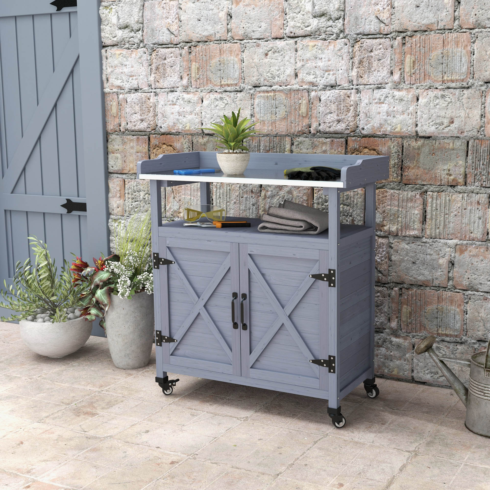 Outdoor Wooden Potting Bench with Storage Cabinet, Aluminum Tabletop, Rubber Wheels for Backyard, Patio, Balcony, Gray - Gray - Image 8