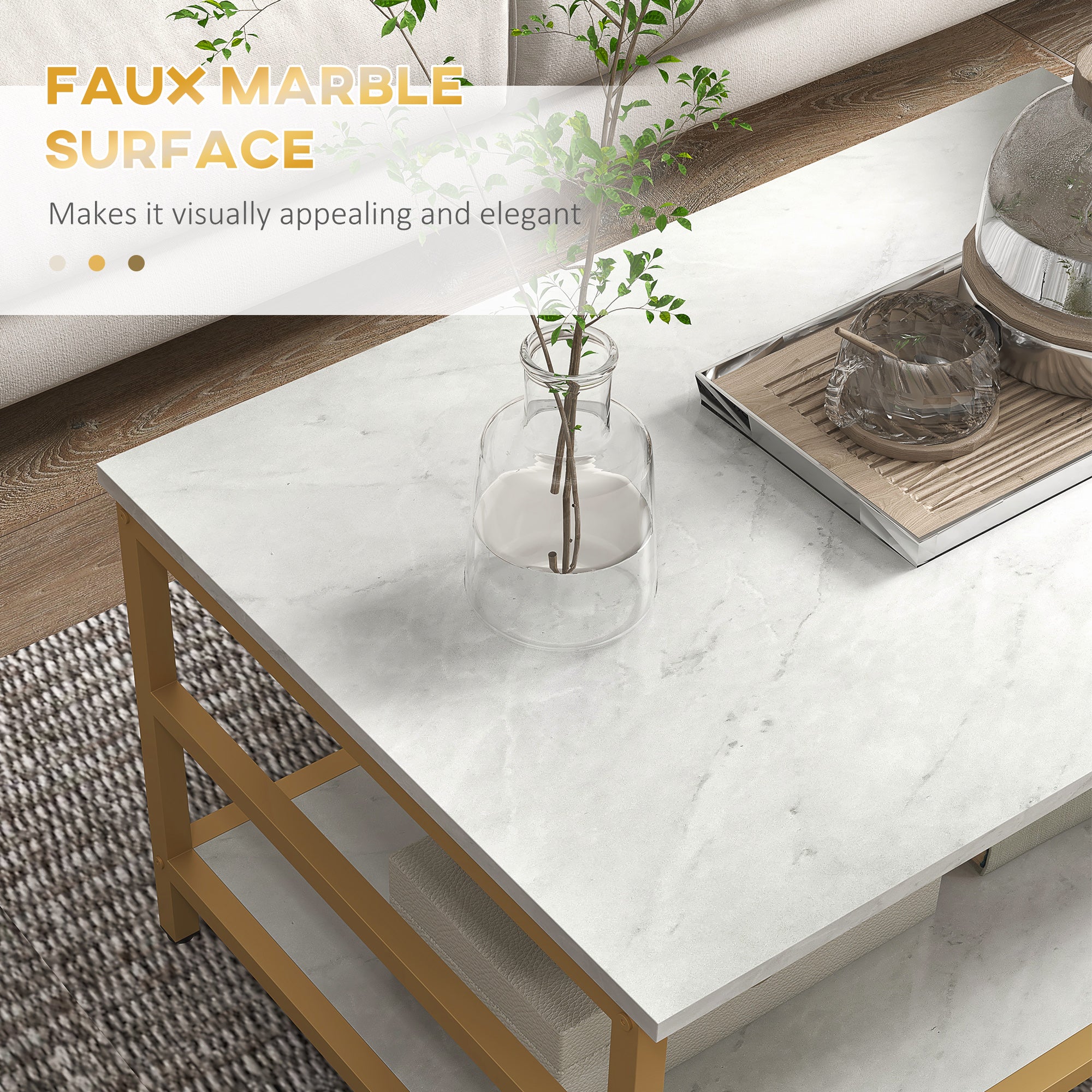 Coffee Tables Set of 2, Rectangle and Round Coffee Table with Storage Shelves, Faux Marble Top, Living Room Table Set