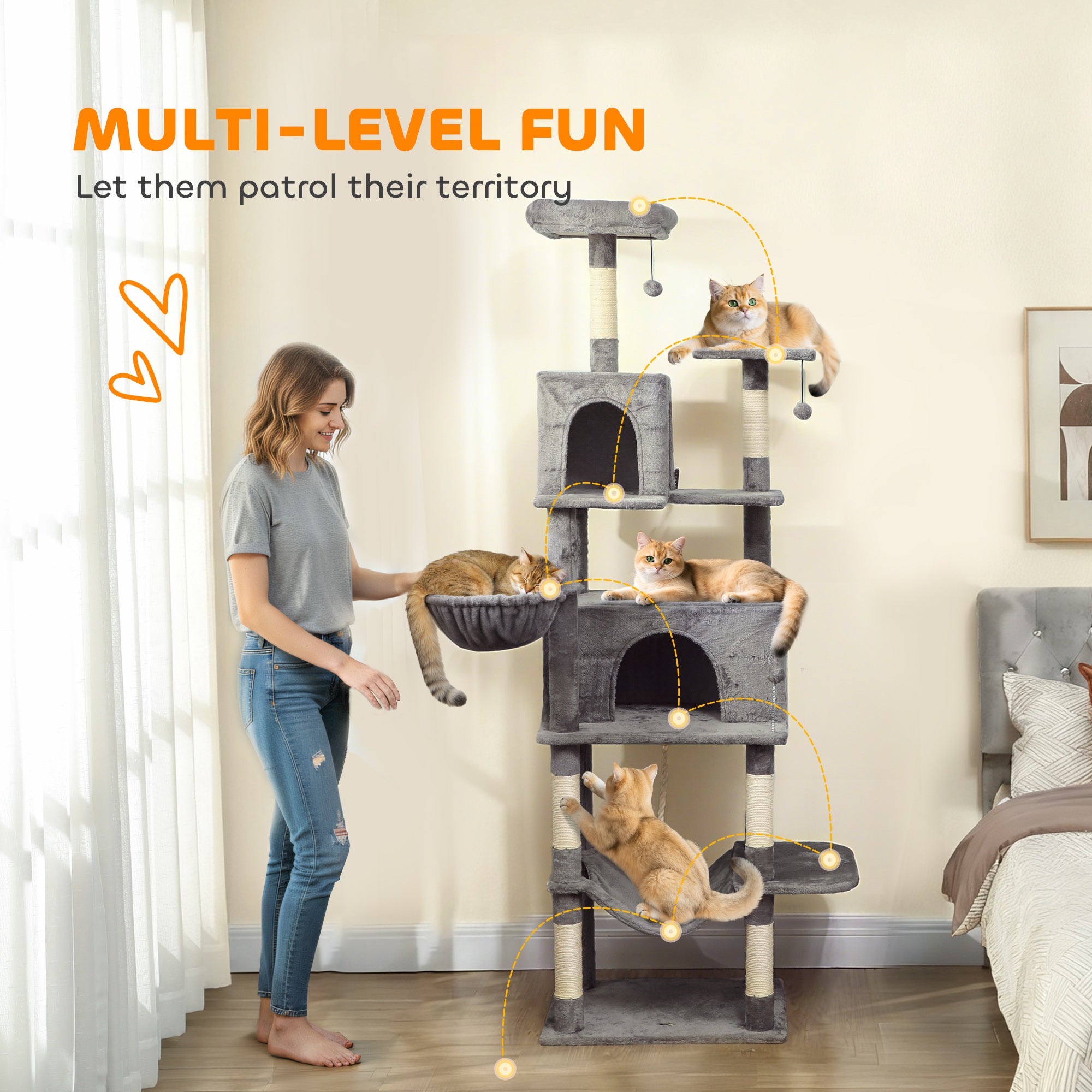 Multi-Level Cat Tower, 80" Tall Cat Tree, with 2 Condos, 2 Hammocks, 6 Sisal Scratching Posts, Dark Gray - Dark Gray - Image 4