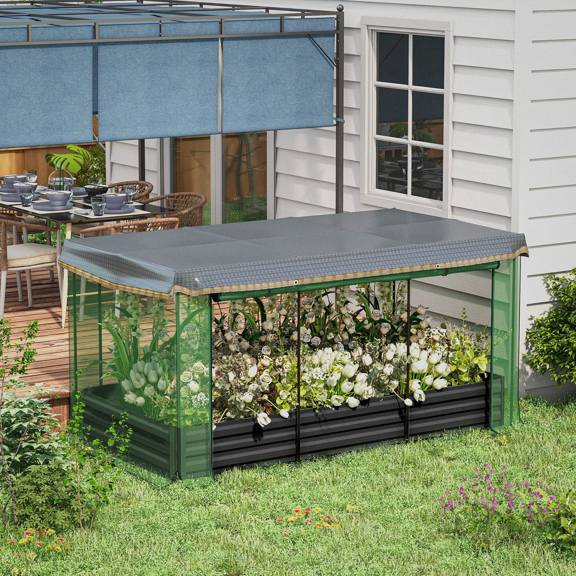 Galvanized Steel Planter Box with Crop Cage and Shade Cloth, Raised Garden Bed for Flowers, Veggies and Herbs, Gray - Dark Gray - Image 2