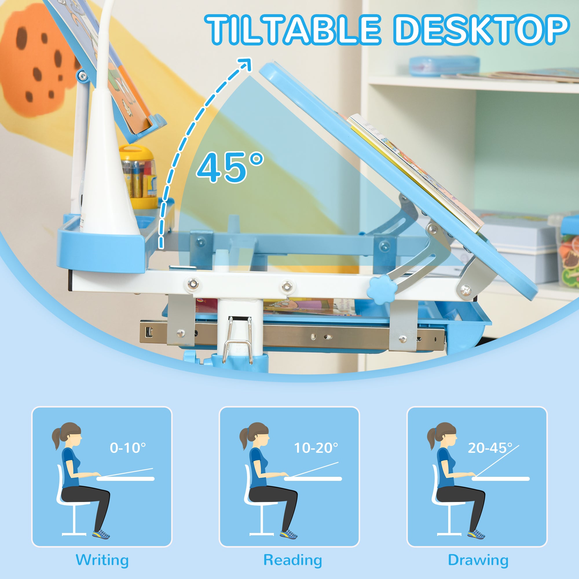 Kids Desk and Chair Set with USB Light, Storage Drawer, Blue